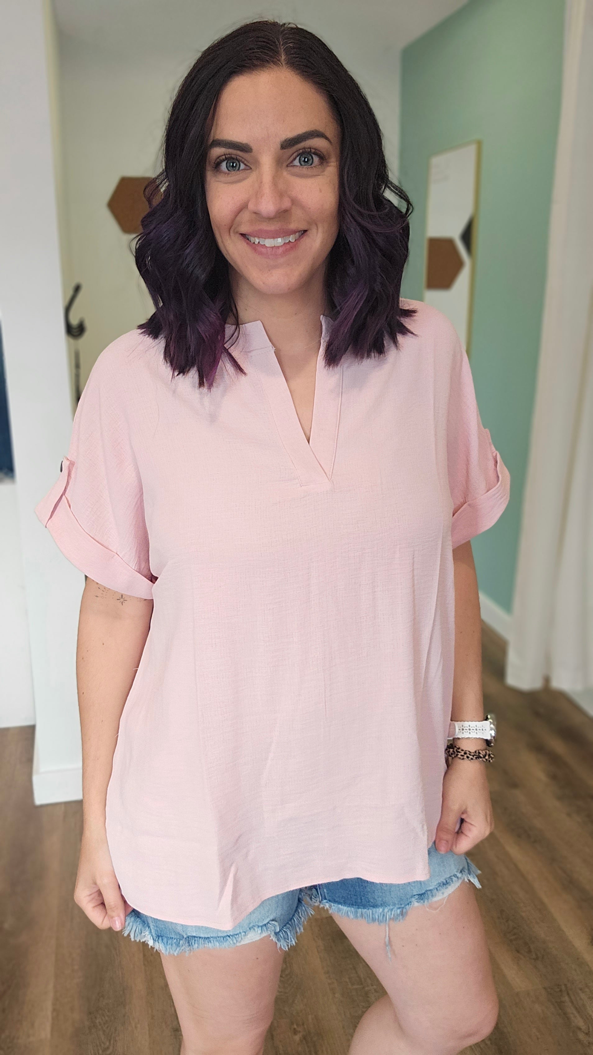 Shop Natalie Tab Sleeve Blouse-Blouse at Ruby Joy Boutique, a Women's Clothing Store in Pickerington, Ohio