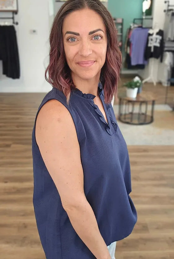 Shop Navy Ruffle Neck Sleeveless Blouse- at Ruby Joy Boutique, a Women's Clothing Store in Pickerington, Ohio