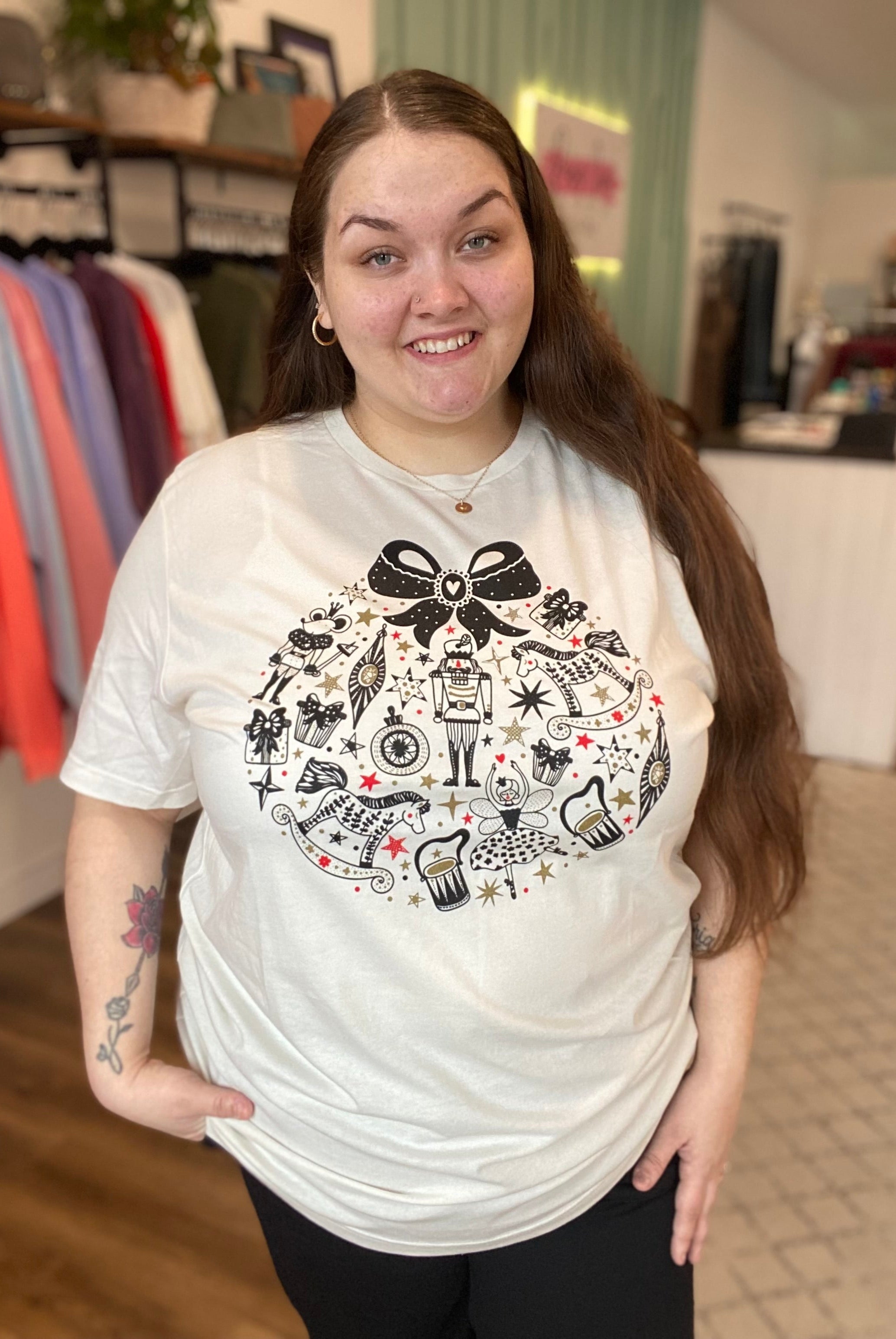 Shop Nutcracker Christmas Ornament Tee-Graphic Tee at Ruby Joy Boutique, a Women's Clothing Store in Pickerington, Ohio