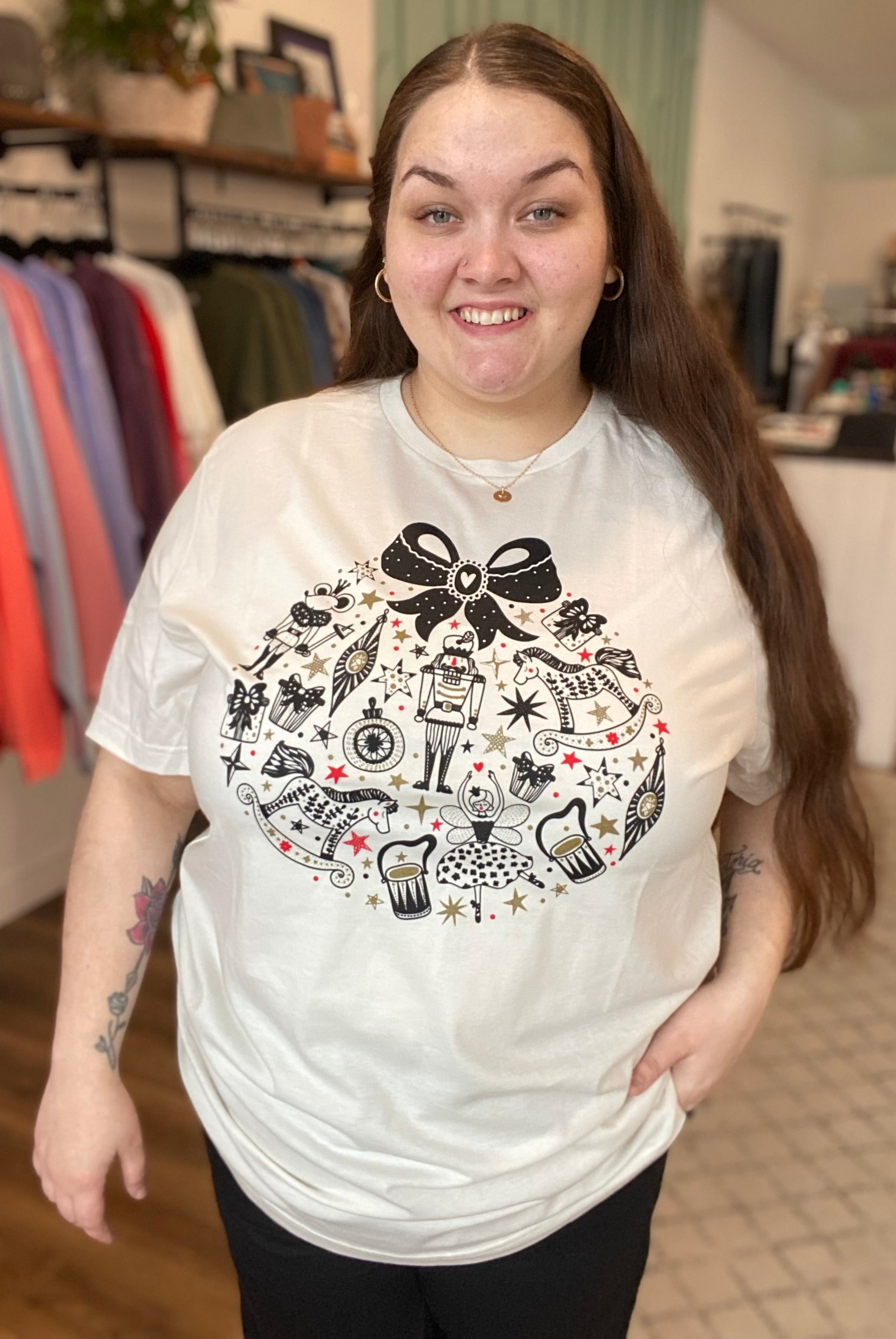 Shop Nutcracker Christmas Ornament Tee-Graphic Tee at Ruby Joy Boutique, a Women's Clothing Store in Pickerington, Ohio