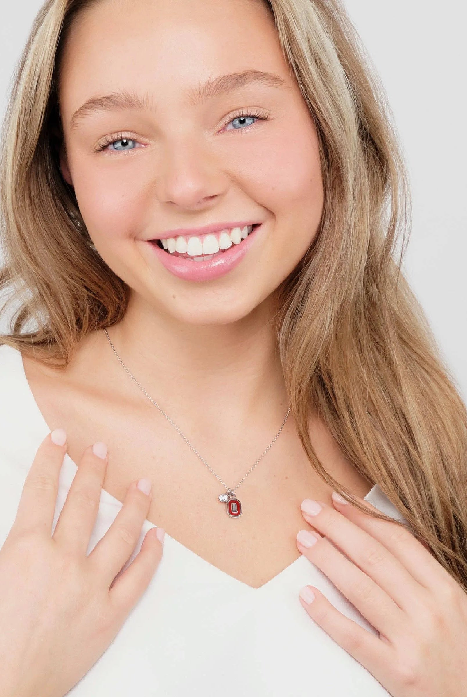 Shop Ohio State Block O Charm Necklace with Crystal- at Ruby Joy Boutique, a Women's Clothing Store in Pickerington, Ohio