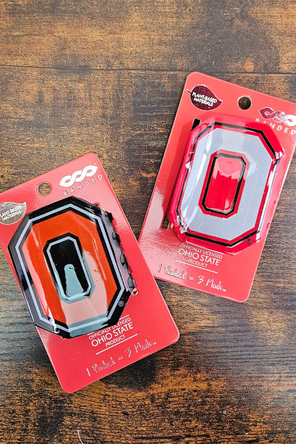 Two licensed Ohio State Claw Clips in Block O shape in scarlet and gray.