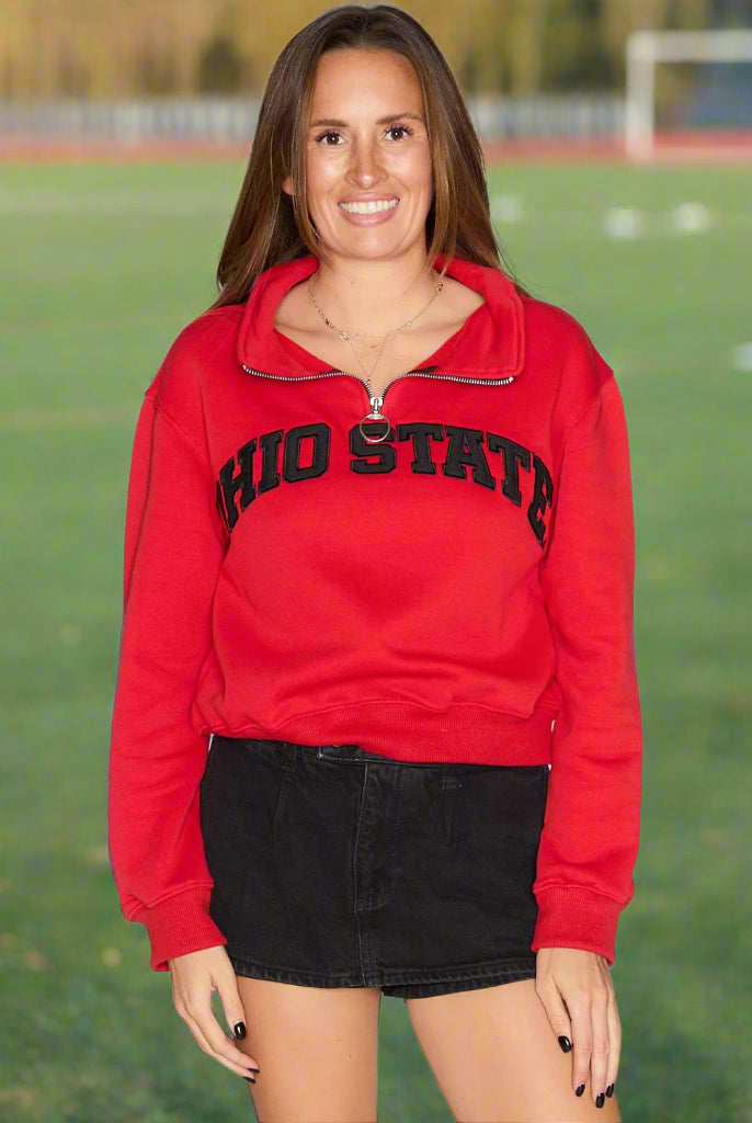 Shop Ohio State OSU Buckeyes Quarter Zip Sweatshirt- at Ruby Joy Boutique, a Women's Clothing Store in Pickerington, Ohio