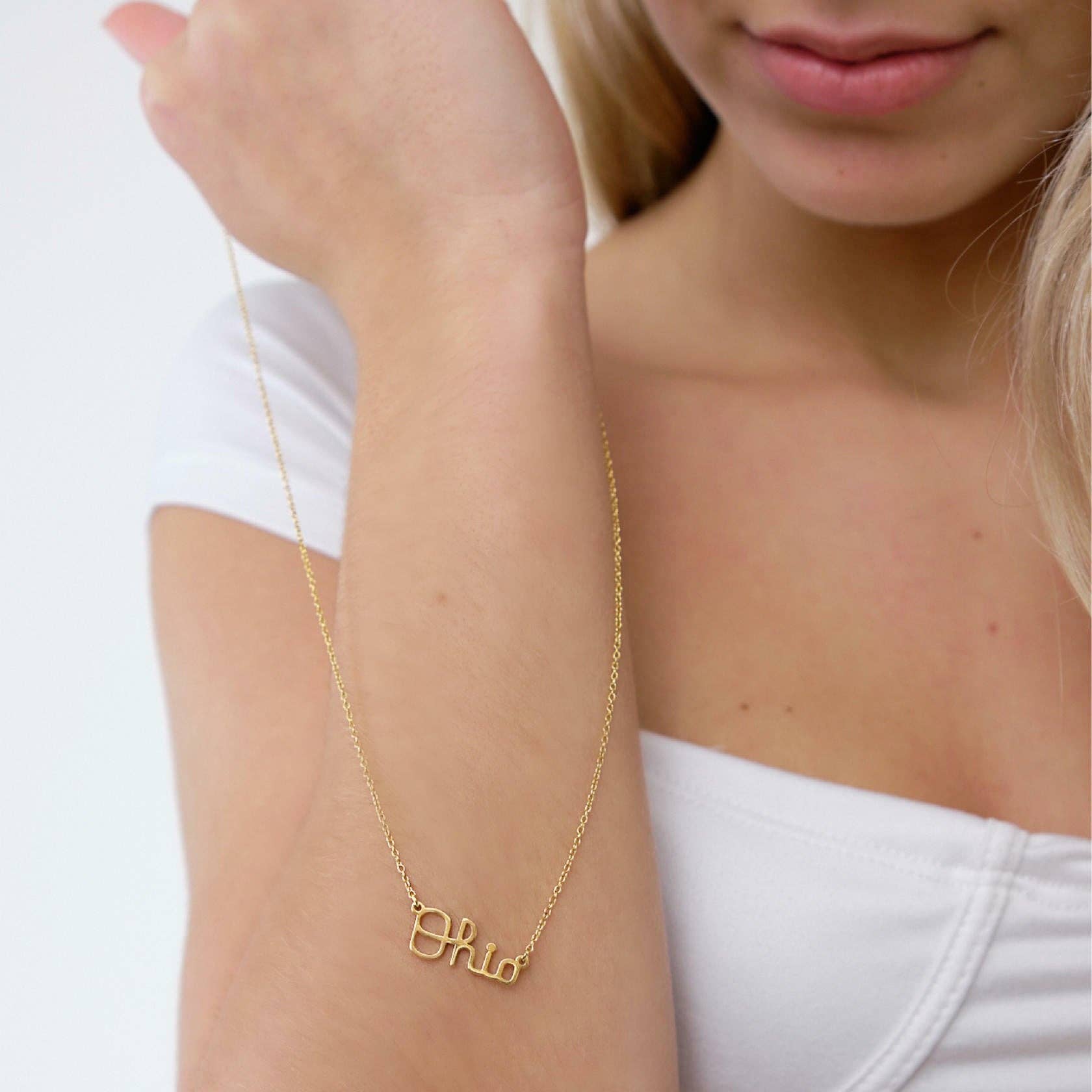 Shop Ohio State Script Ohio Necklace - 18K Gold-Plated- at Ruby Joy Boutique, a Women's Clothing Store in Pickerington, Ohio