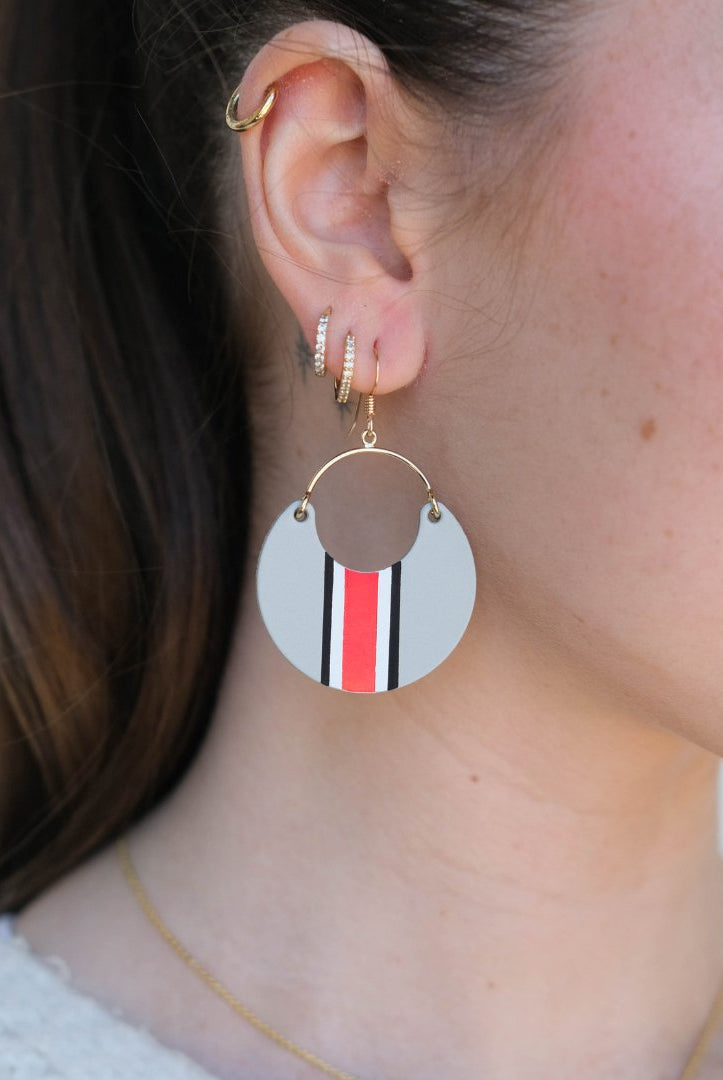Shop Ohio State University Helmet Stripe Nina Earrings | Nickel & Suede- at Ruby Joy Boutique, a Women's Clothing Store in Pickerington, Ohio