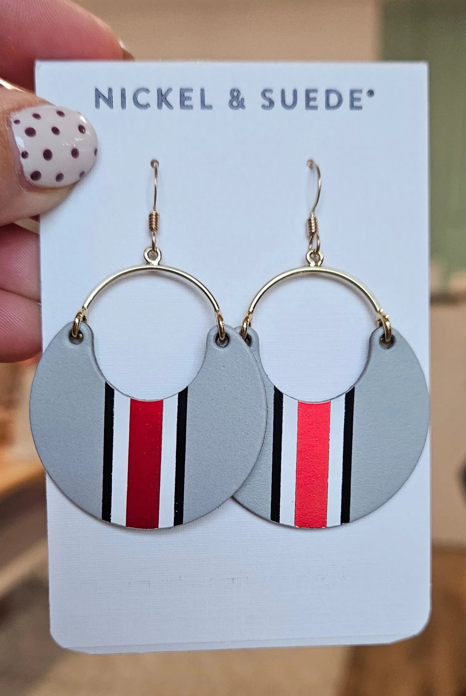Shop Ohio State®️ Helmet Stripe Nina Earrings-Earrings at Ruby Joy Boutique, a Women's Clothing Store in Pickerington, Ohio