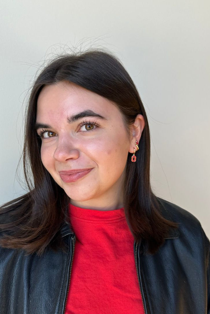 Shop Ohio State University Logo Charm Huggie Earrings- at Ruby Joy Boutique, a Women's Clothing Store in Pickerington, Ohio