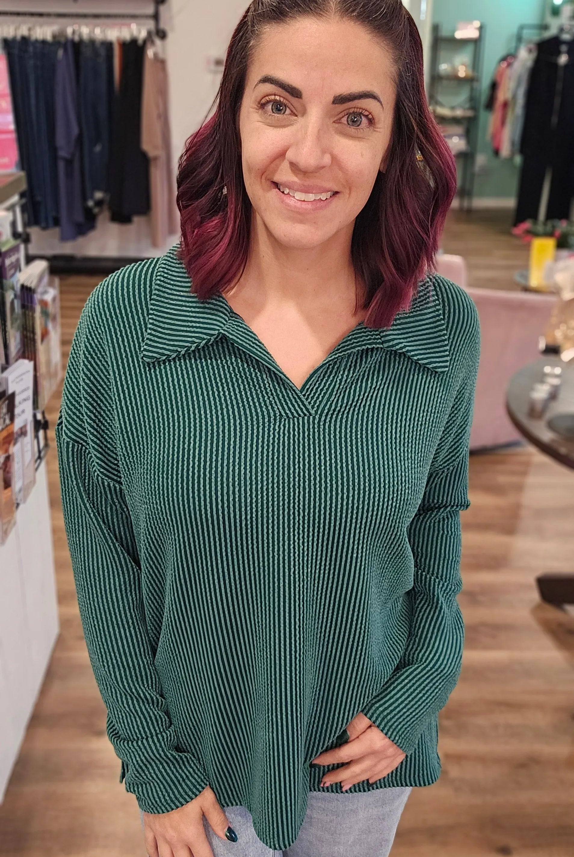 Shop Oversized Ribbed Long Sleeve - Hunter Green- at Ruby Joy Boutique, a Women's Clothing Store in Pickerington, Ohio