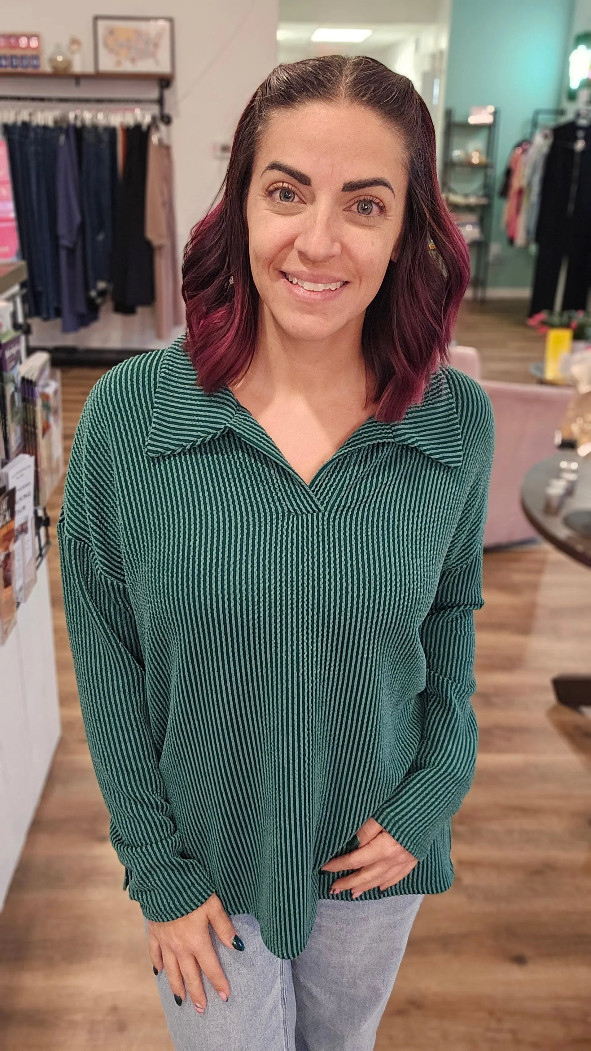 Shop Oversized Ribbed Long Sleeve - Hunter Green- at Ruby Joy Boutique, a Women's Clothing Store in Pickerington, Ohio