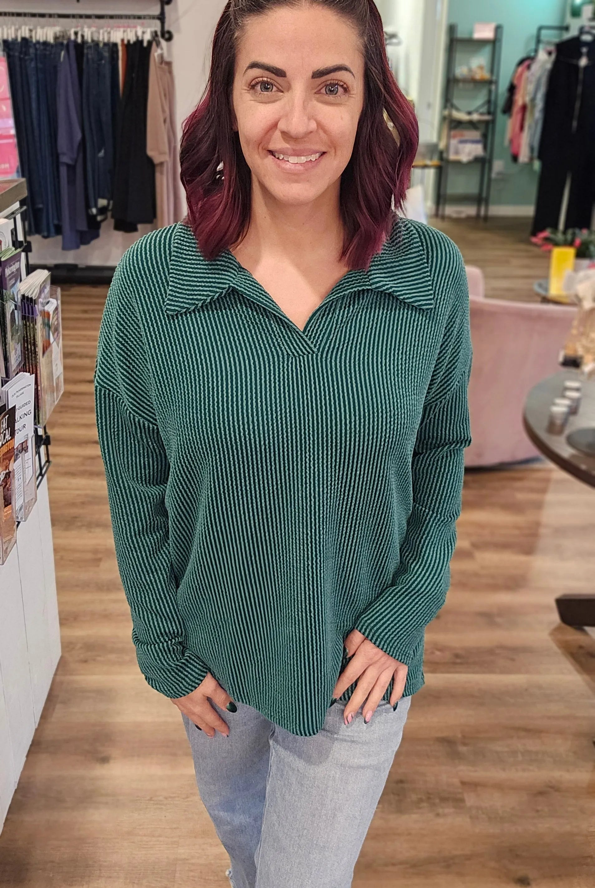 Shop Oversized Ribbed Long Sleeve - Hunter Green- at Ruby Joy Boutique, a Women's Clothing Store in Pickerington, Ohio