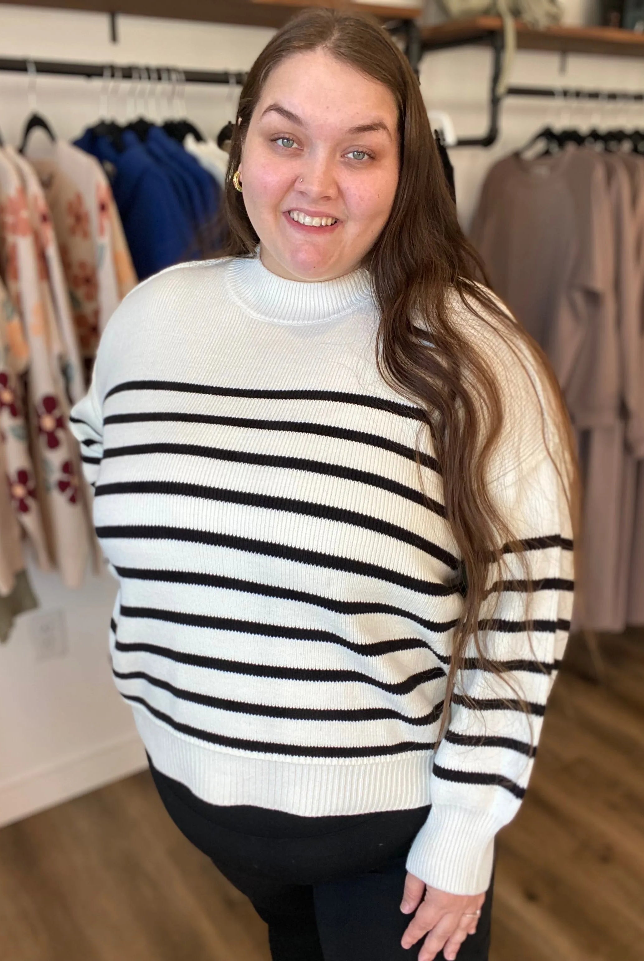Shop Oversized Striped Sweater - Ivory and Black- at Ruby Joy Boutique, a Women's Clothing Store in Pickerington, Ohio