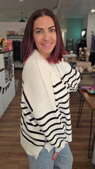 Shop Oversized Striped Sweater - Ivory and Black- at Ruby Joy Boutique, a Women's Clothing Store in Pickerington, Ohio