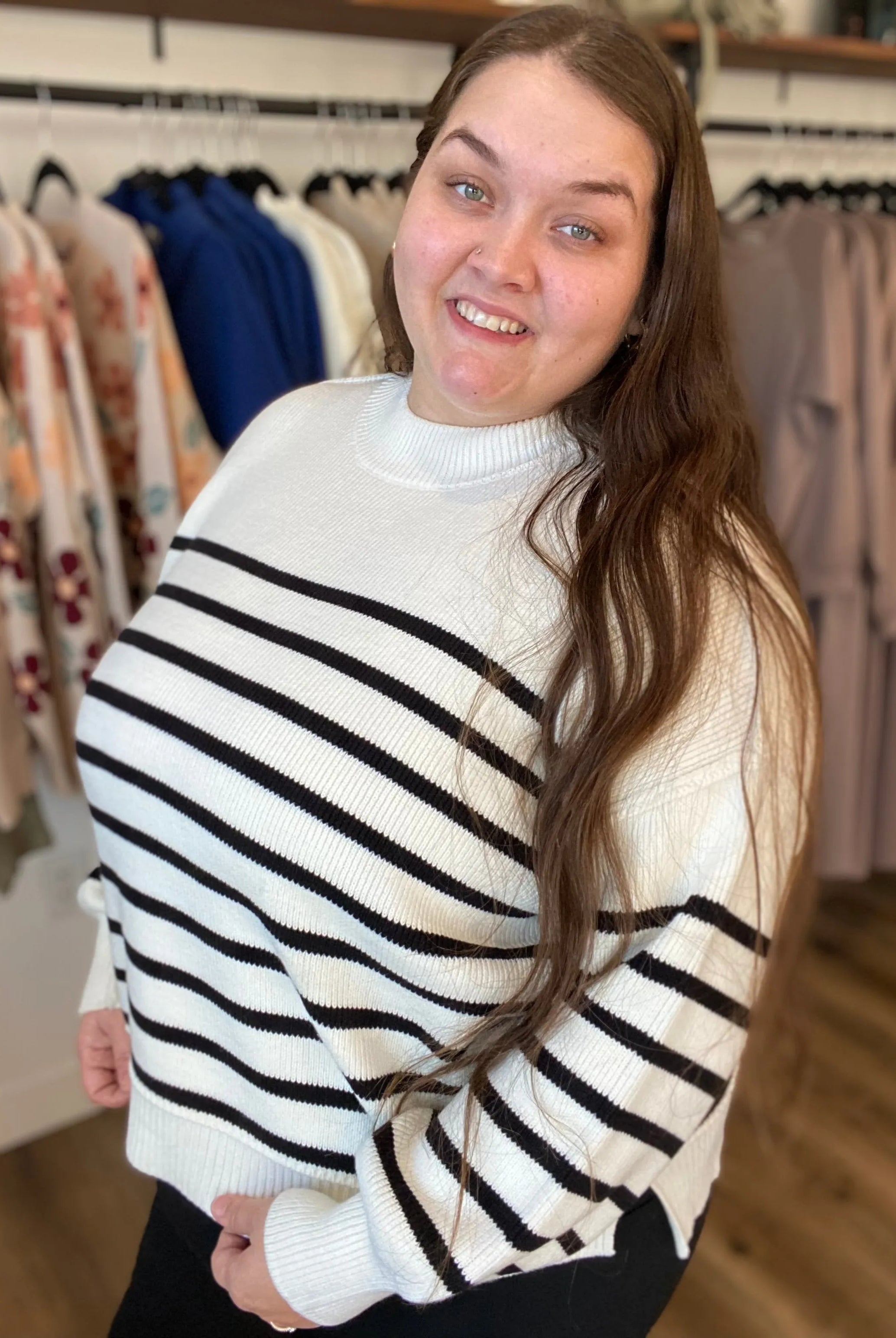 Shop Oversized Striped Sweater - Ivory and Black- at Ruby Joy Boutique, a Women's Clothing Store in Pickerington, Ohio