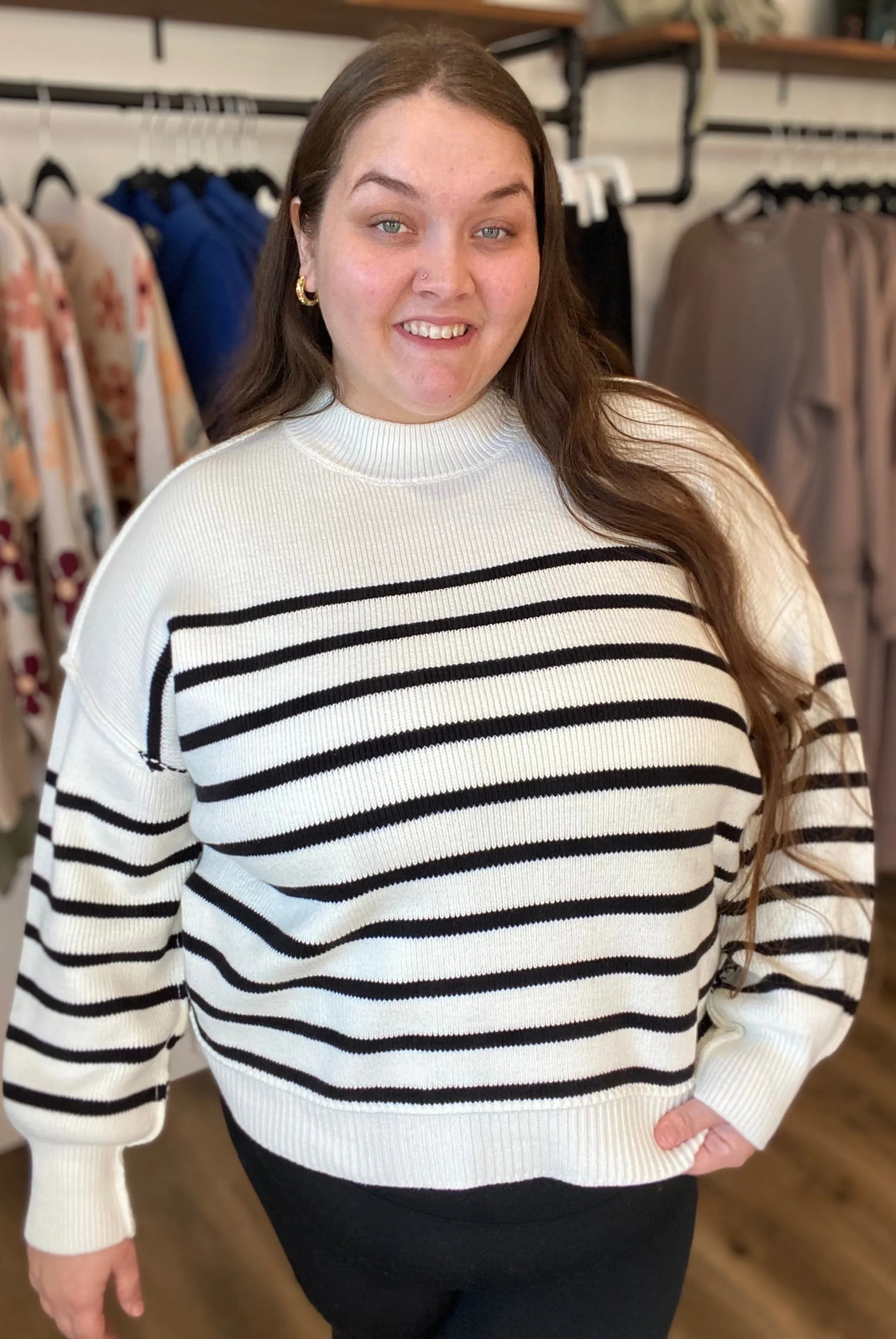 Shop Oversized Striped Sweater - Ivory and Black- at Ruby Joy Boutique, a Women's Clothing Store in Pickerington, Ohio
