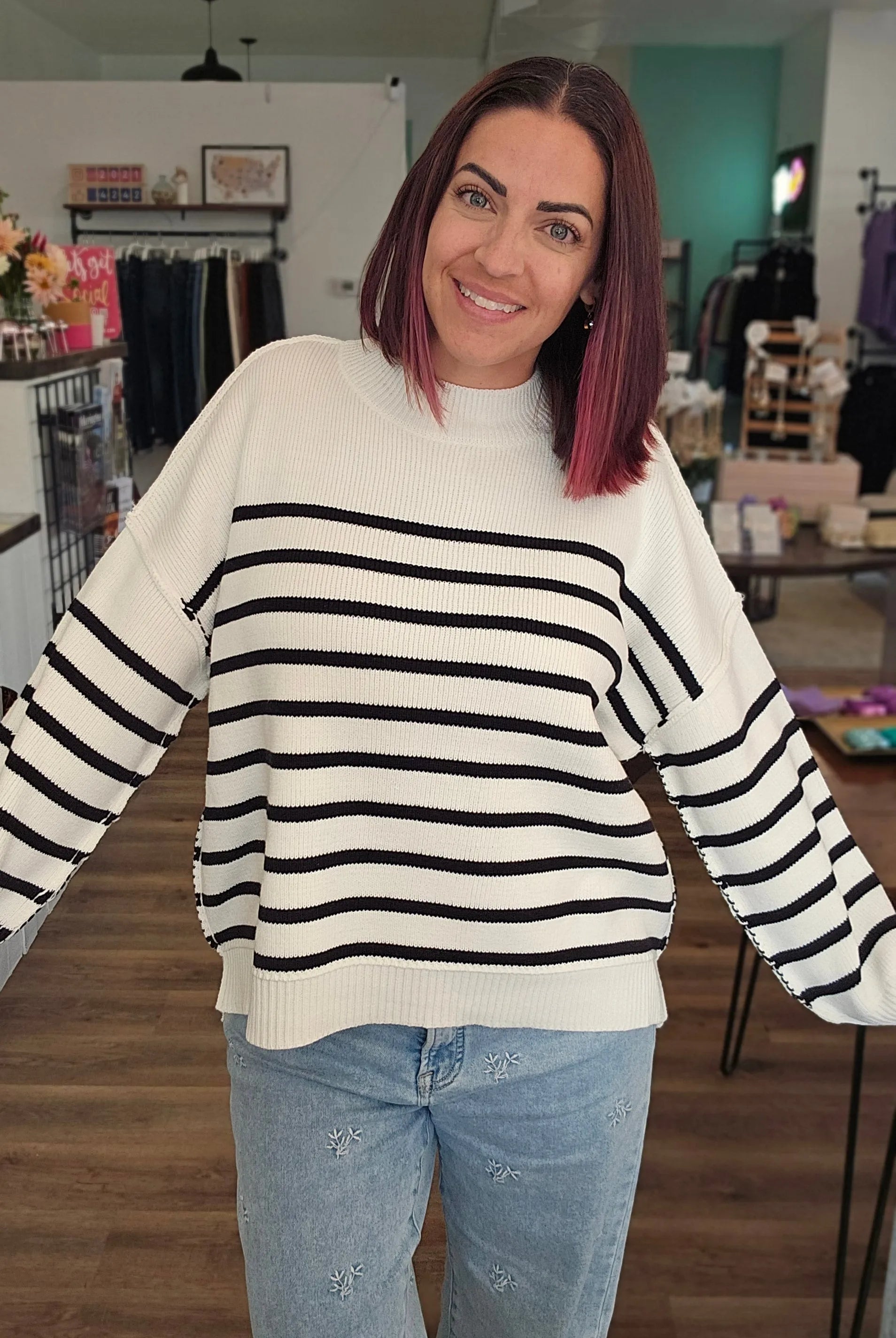 Shop Oversized Striped Sweater - Ivory and Black- at Ruby Joy Boutique, a Women's Clothing Store in Pickerington, Ohio