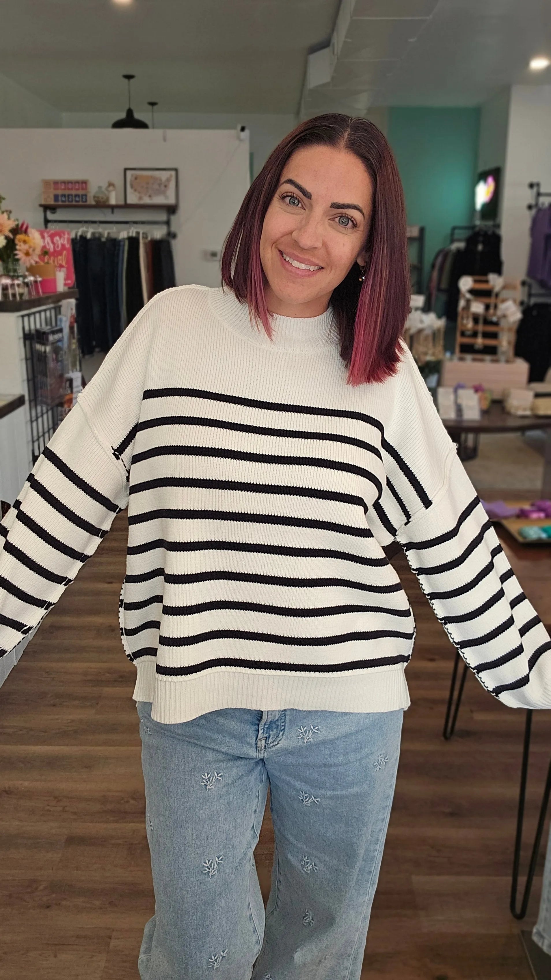 Shop Oversized Striped Sweater - Ivory and Black- at Ruby Joy Boutique, a Women's Clothing Store in Pickerington, Ohio