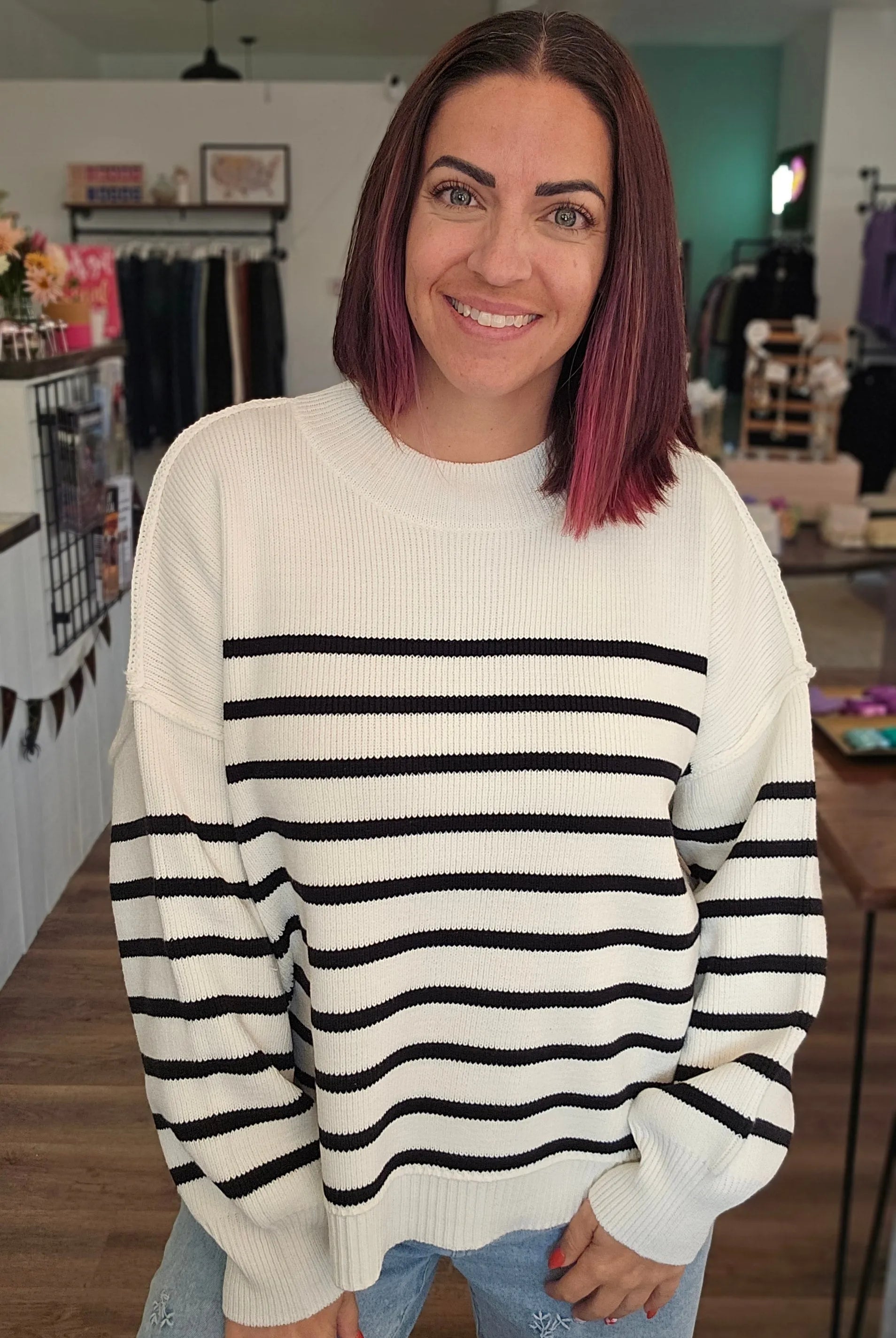 Shop Oversized Striped Sweater - Ivory and Black- at Ruby Joy Boutique, a Women's Clothing Store in Pickerington, Ohio