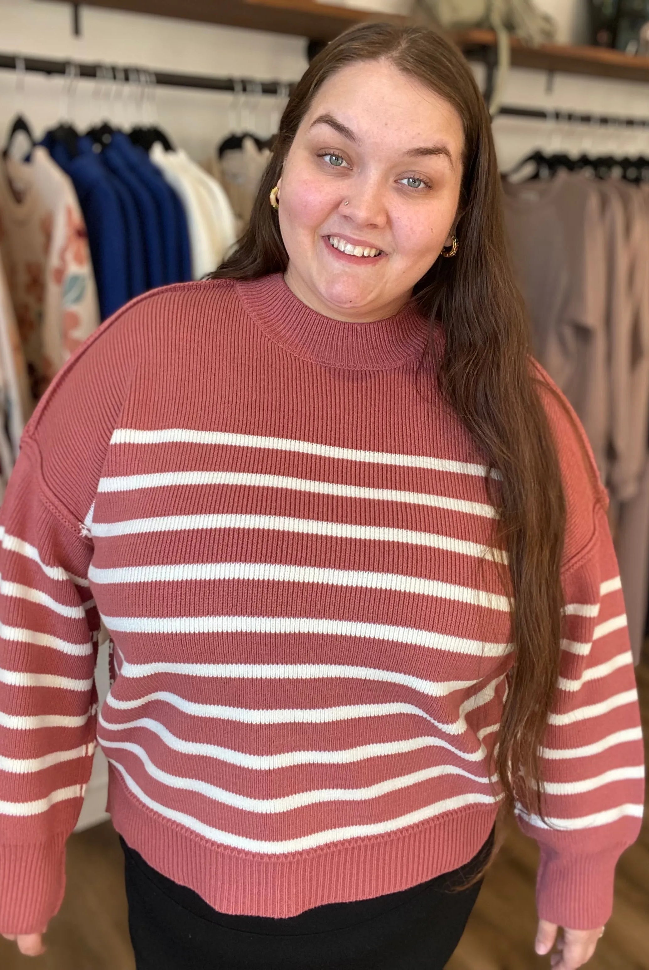 Shop Oversized Striped Sweater - Winter Rose- at Ruby Joy Boutique, a Women's Clothing Store in Pickerington, Ohio