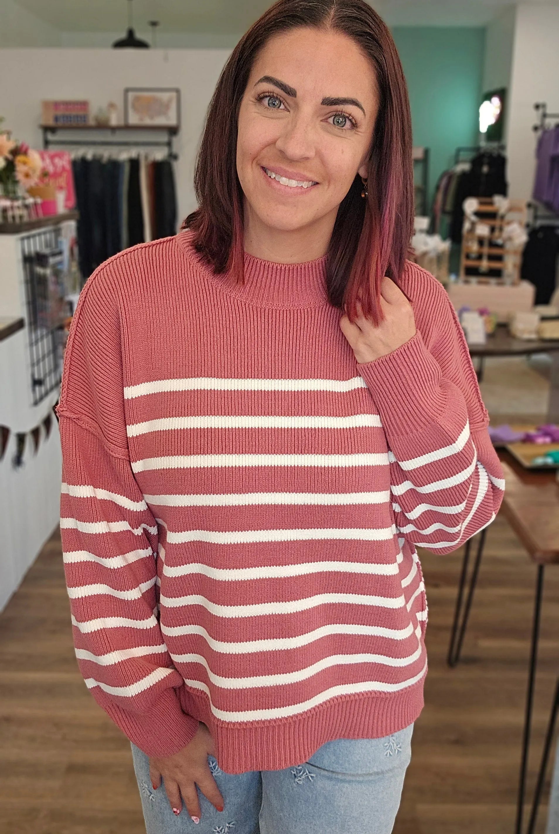 Shop Oversized Striped Sweater - Winter Rose- at Ruby Joy Boutique, a Women's Clothing Store in Pickerington, Ohio