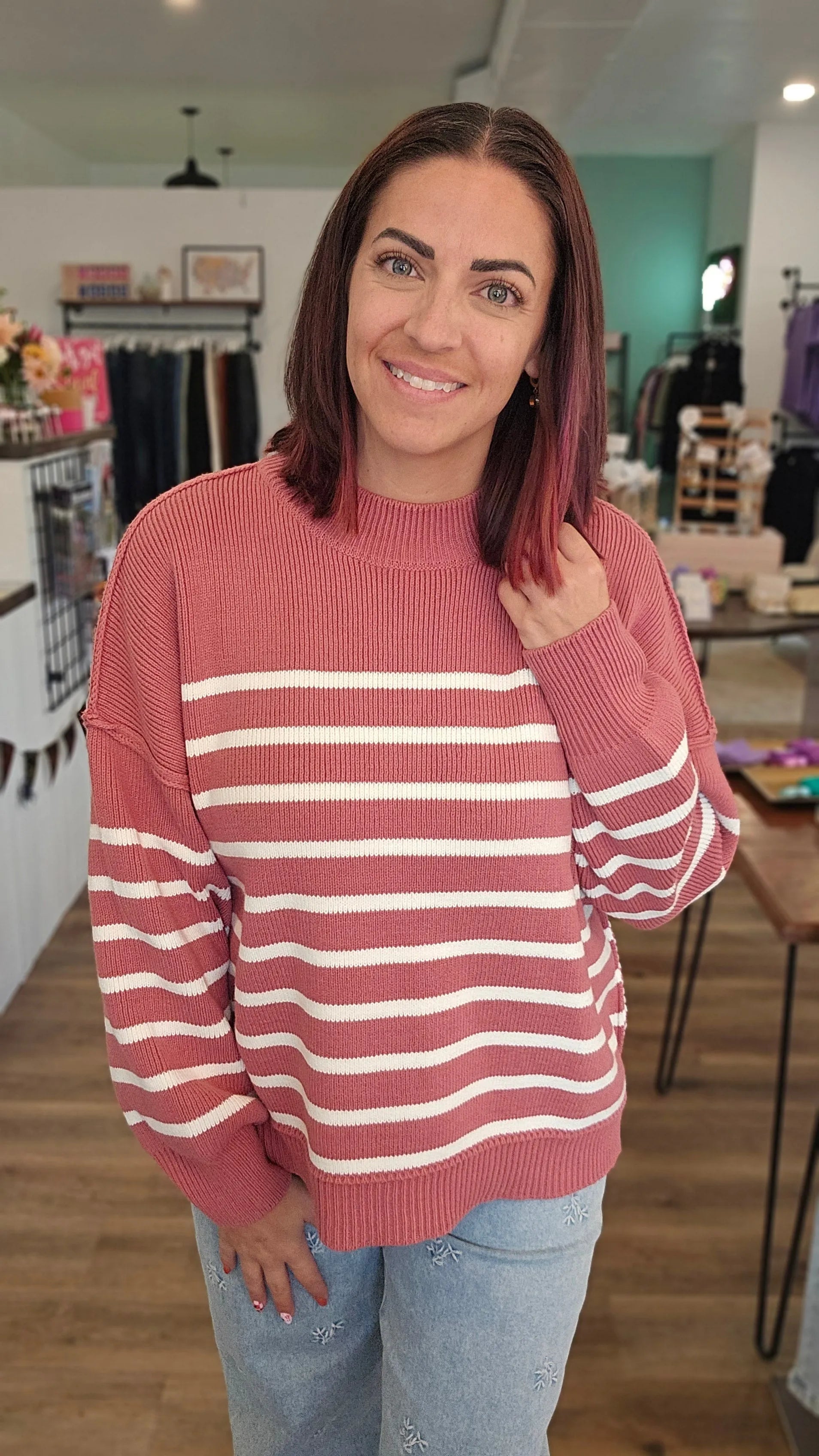 Shop Oversized Striped Sweater - Winter Rose- at Ruby Joy Boutique, a Women's Clothing Store in Pickerington, Ohio
