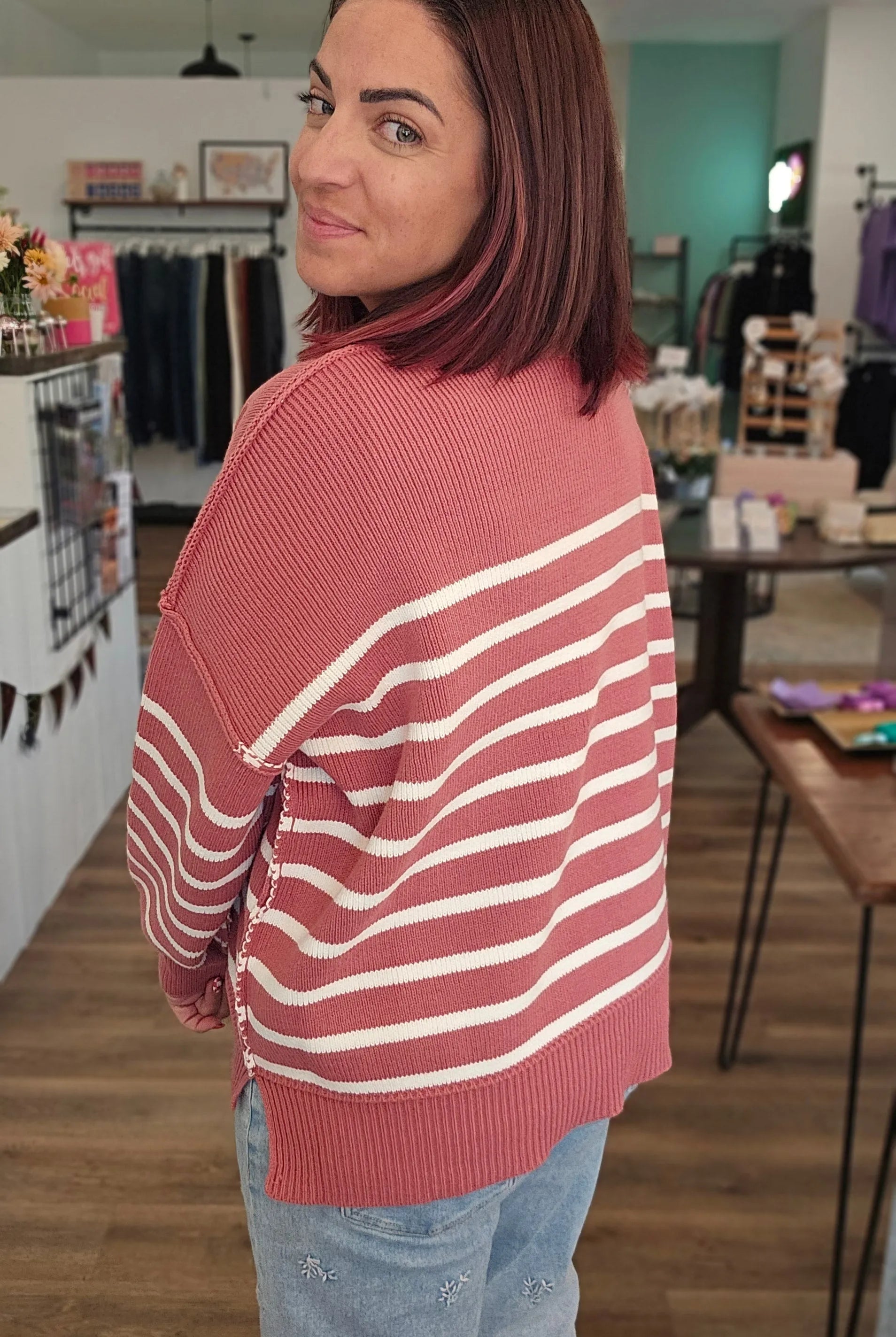 Shop Oversized Striped Sweater - Winter Rose- at Ruby Joy Boutique, a Women's Clothing Store in Pickerington, Ohio
