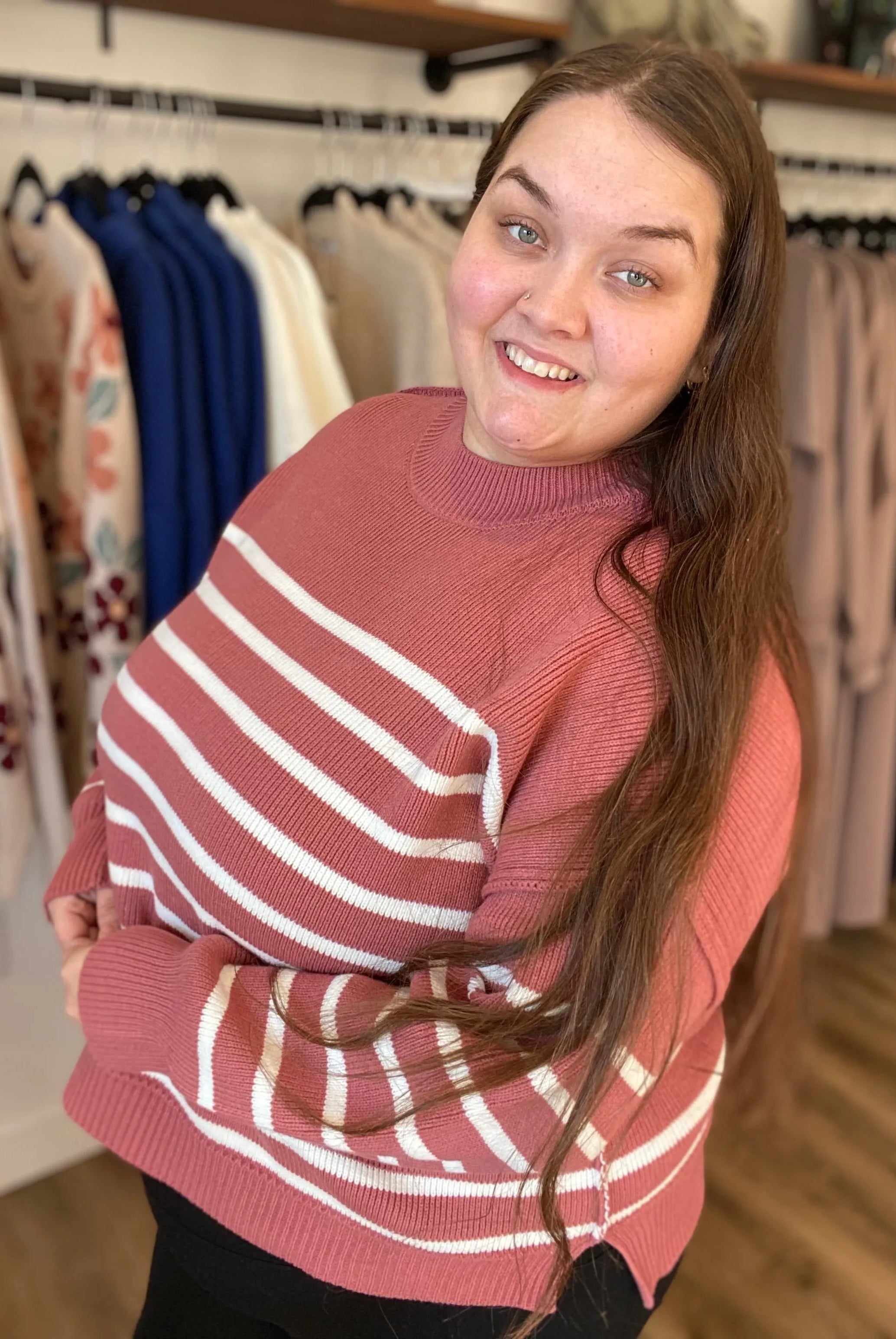 Shop Oversized Striped Sweater - Winter Rose- at Ruby Joy Boutique, a Women's Clothing Store in Pickerington, Ohio