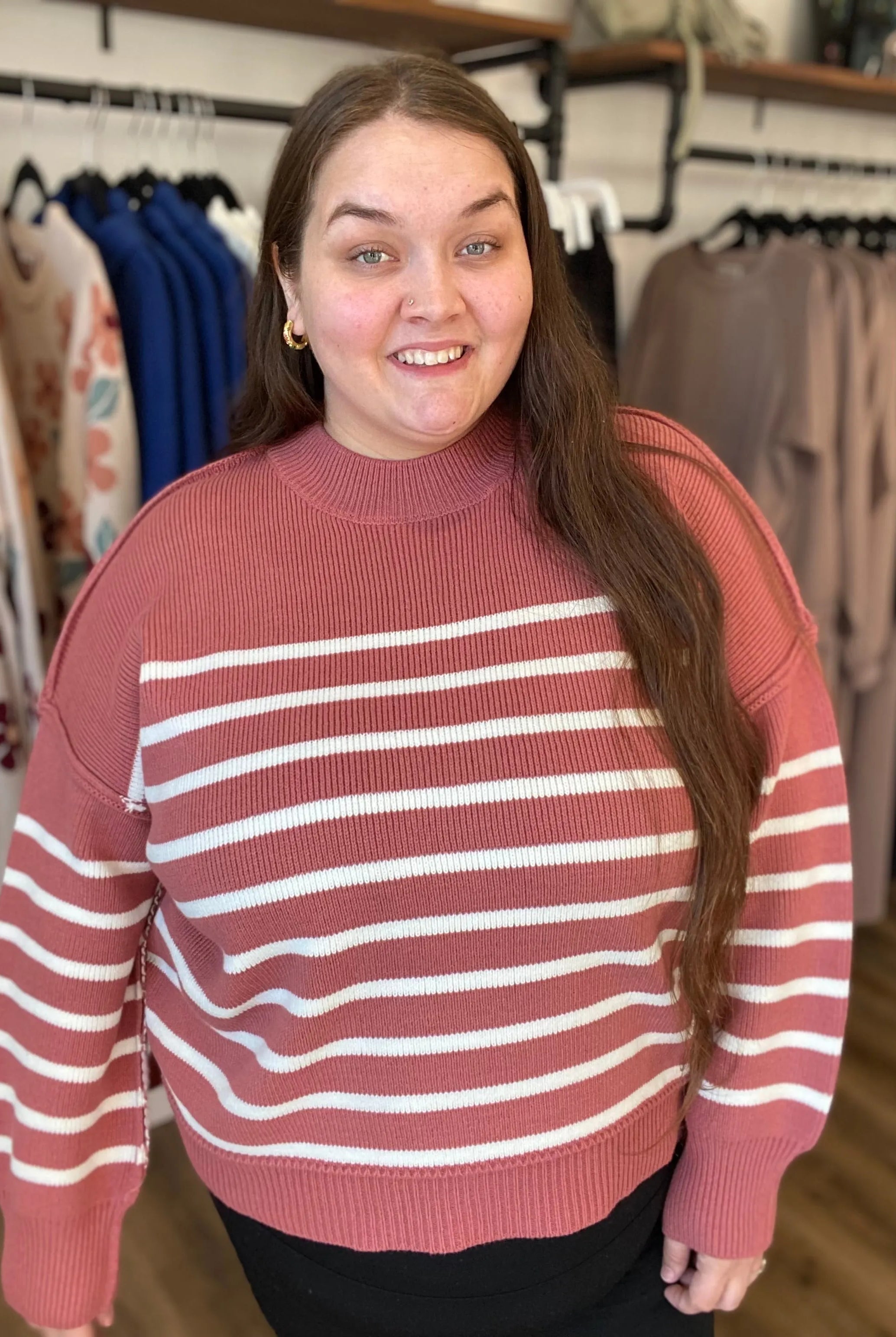 Shop Oversized Striped Sweater - Winter Rose- at Ruby Joy Boutique, a Women's Clothing Store in Pickerington, Ohio