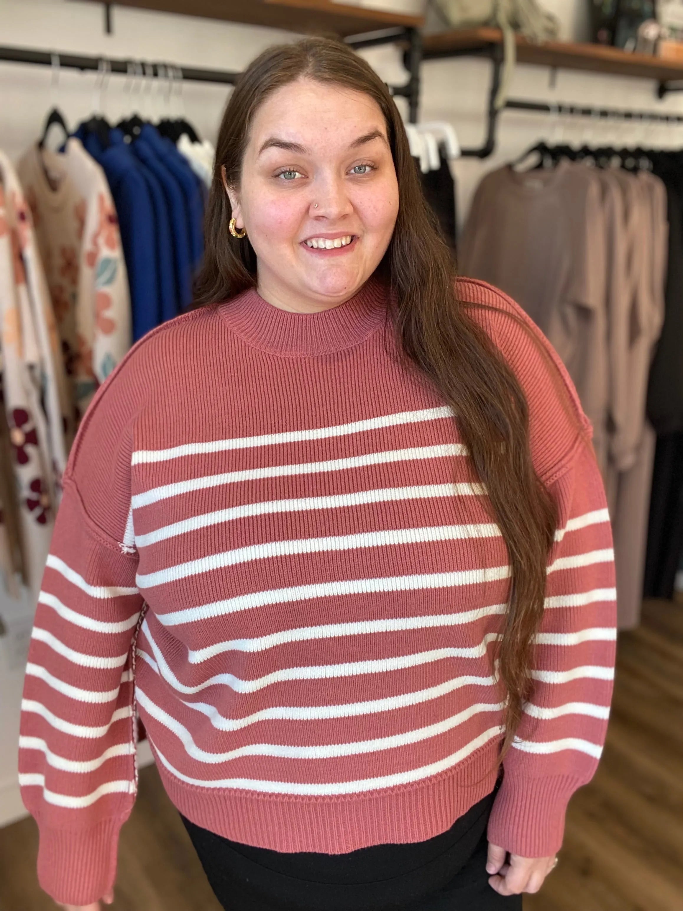 Shop Oversized Striped Sweater - Winter Rose- at Ruby Joy Boutique, a Women's Clothing Store in Pickerington, Ohio