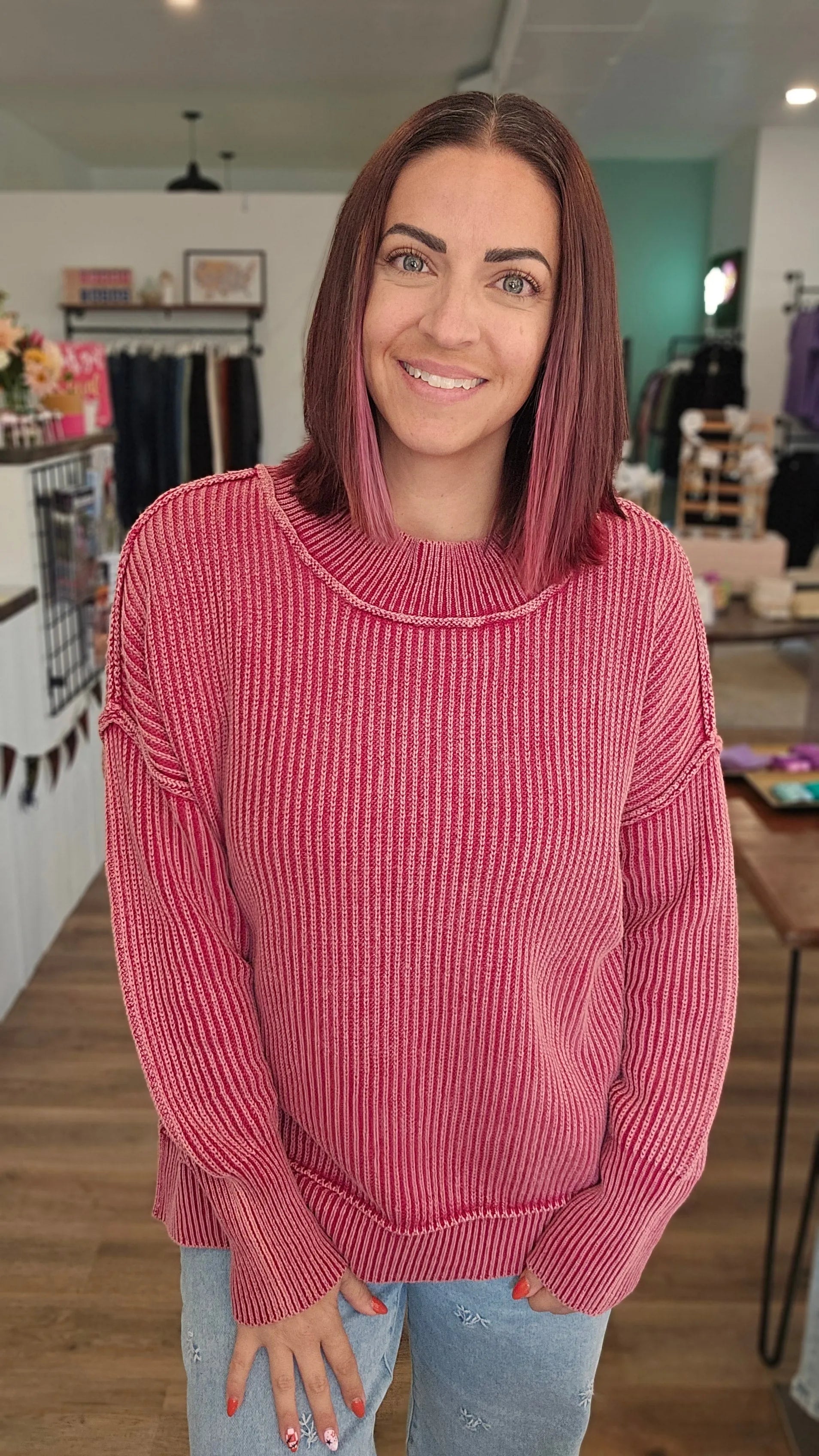 Shop Oversized Washed Sweater - Cabernet- at Ruby Joy Boutique, a Women's Clothing Store in Pickerington, Ohio