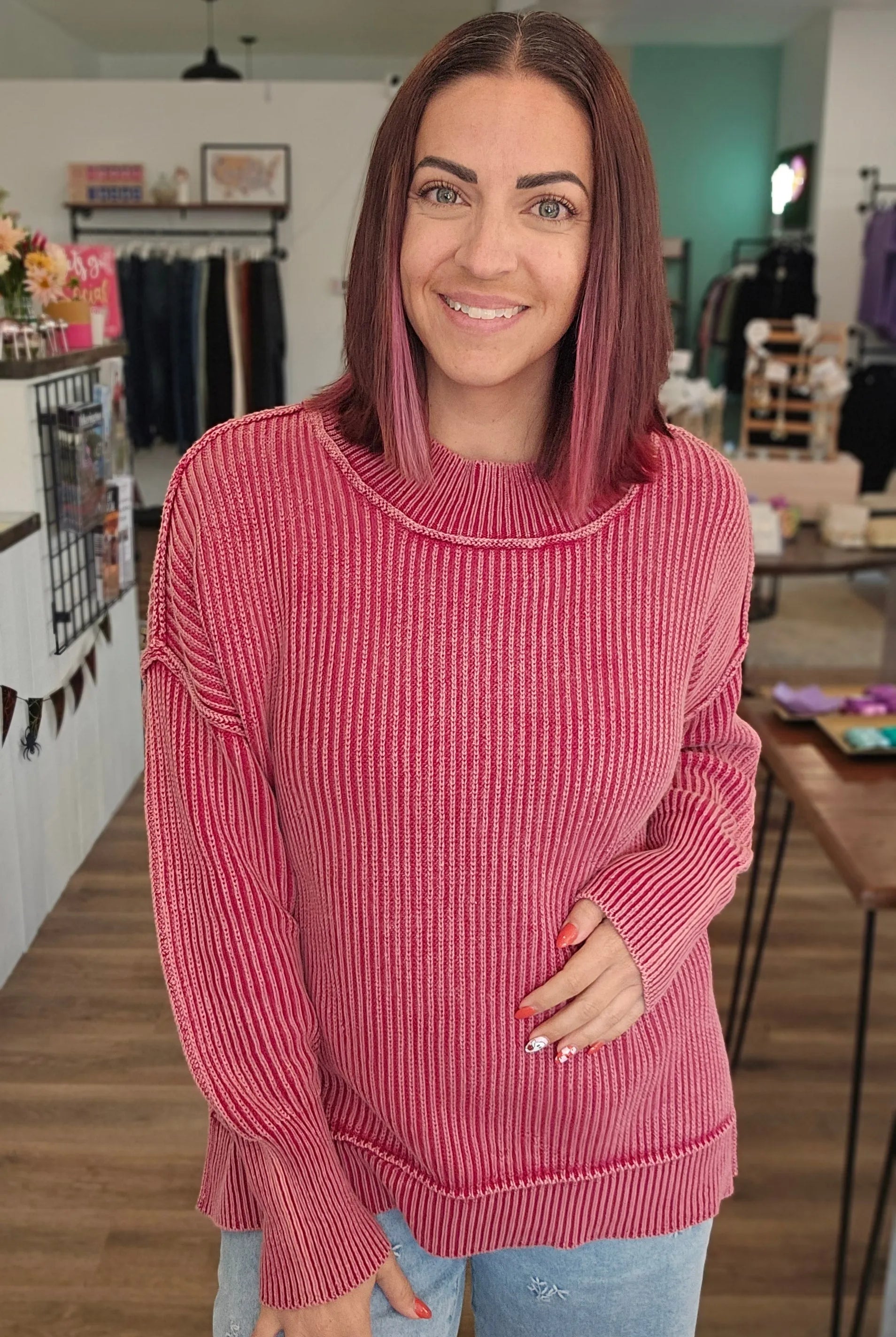 Shop Oversized Washed Sweater - Cabernet- at Ruby Joy Boutique, a Women's Clothing Store in Pickerington, Ohio