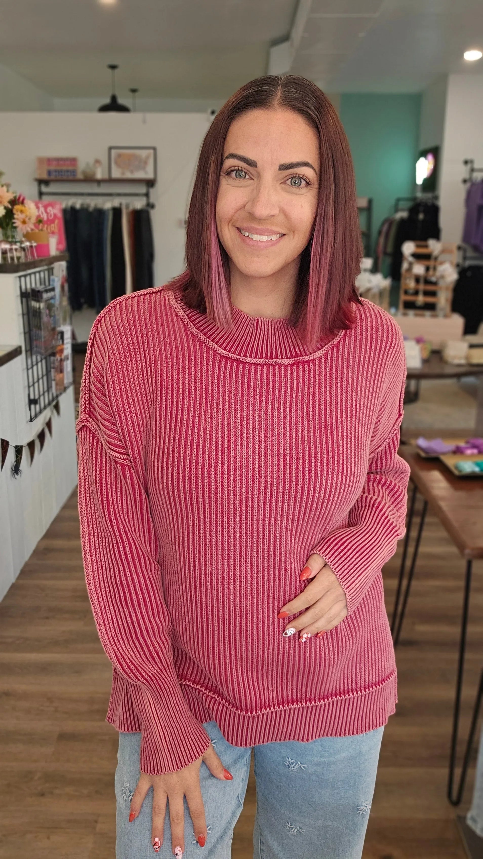 Shop Oversized Washed Sweater - Cabernet- at Ruby Joy Boutique, a Women's Clothing Store in Pickerington, Ohio
