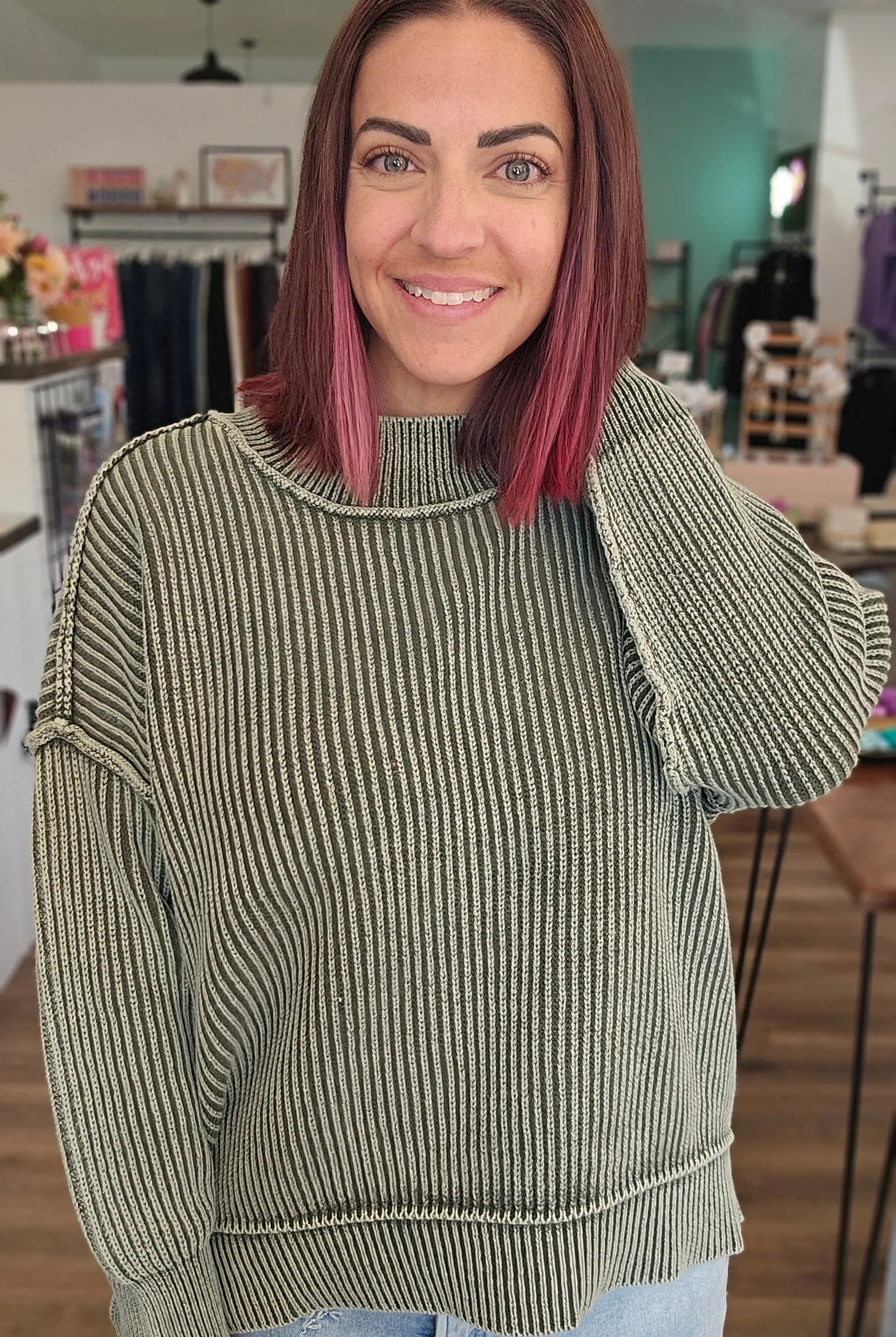 Shop Oversized Washed Sweater - Dark Olive- at Ruby Joy Boutique, a Women's Clothing Store in Pickerington, Ohio