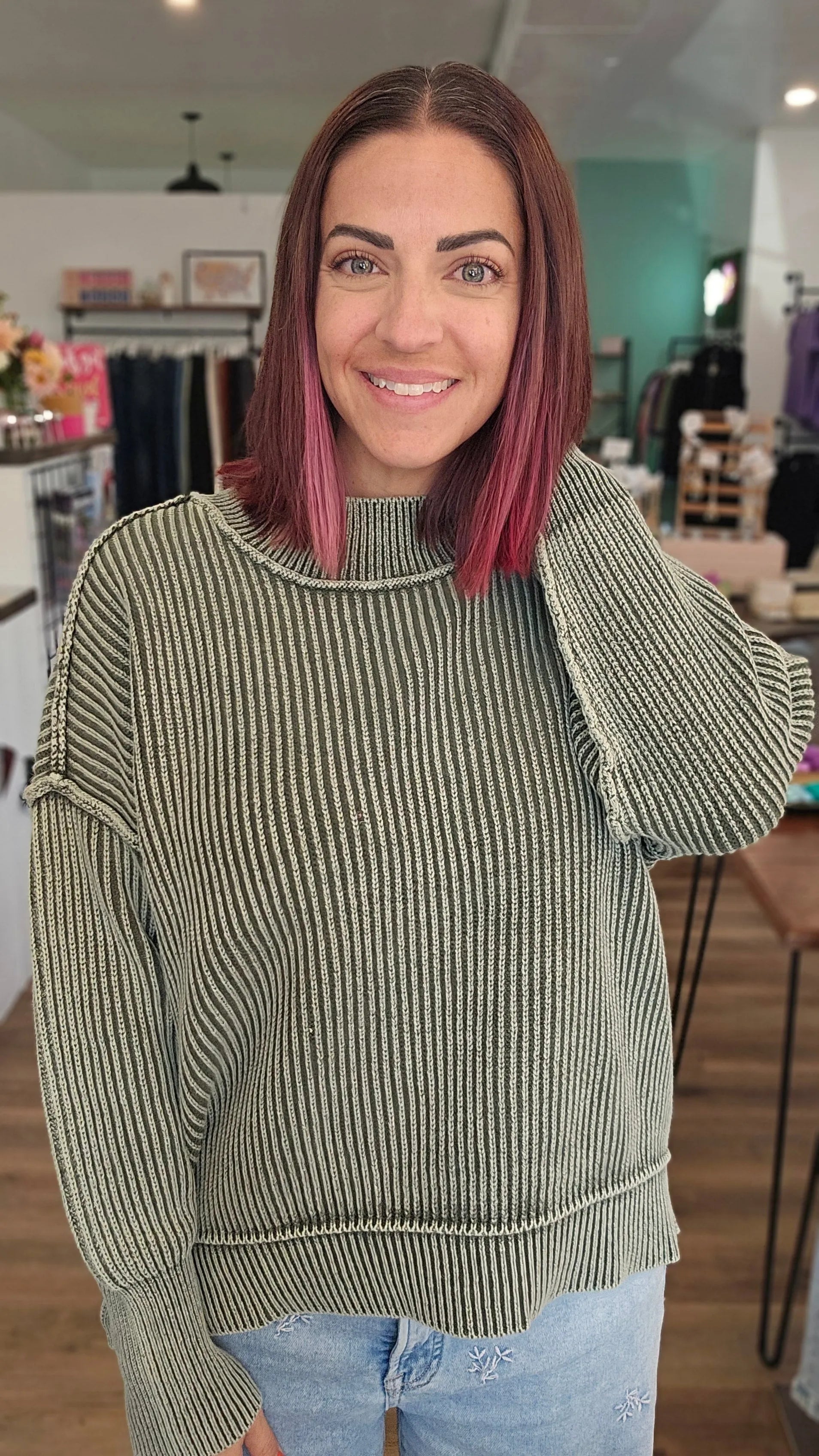 Shop Oversized Washed Sweater - Dark Olive- at Ruby Joy Boutique, a Women's Clothing Store in Pickerington, Ohio