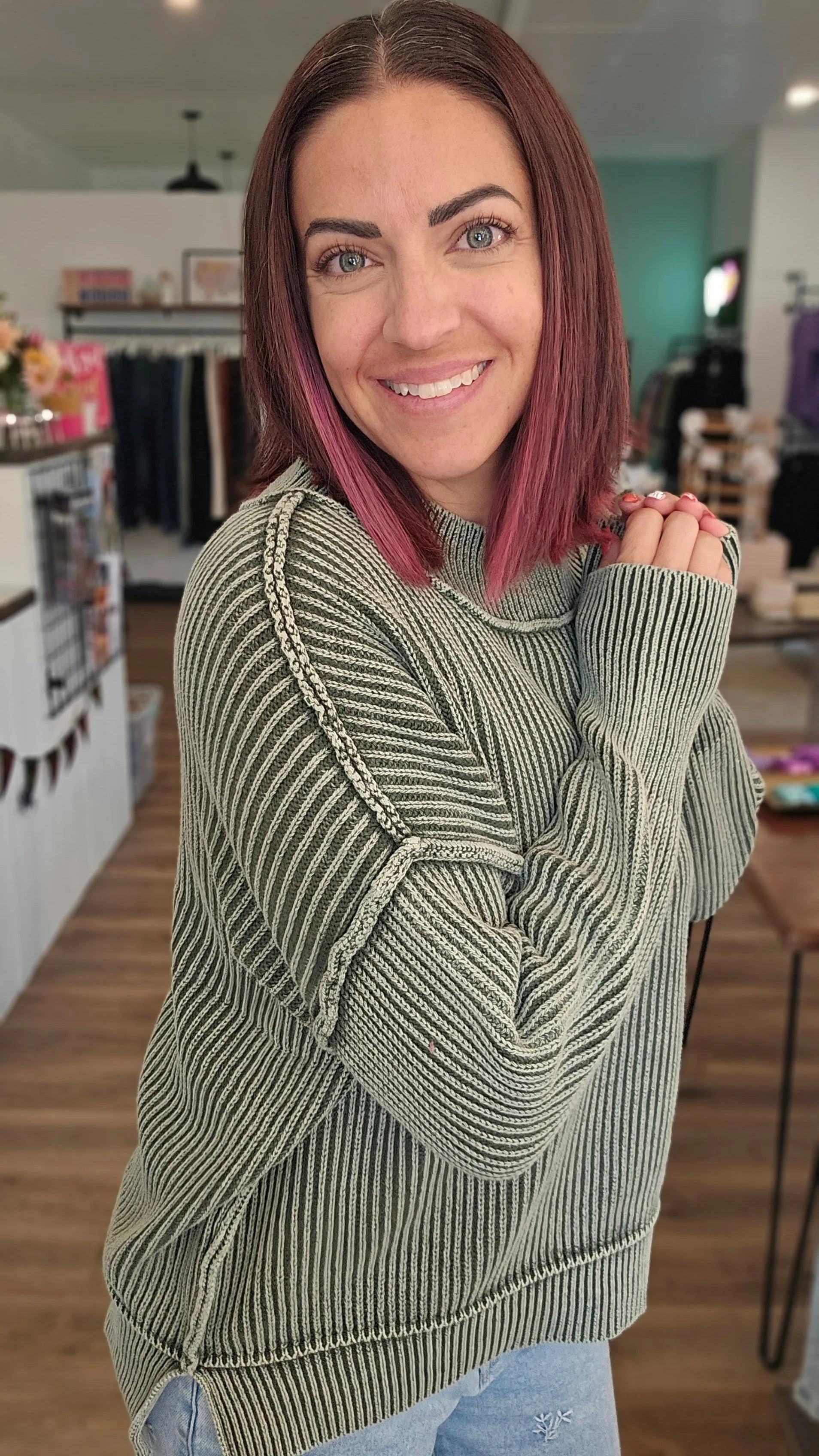 Shop Oversized Washed Sweater - Dark Olive- at Ruby Joy Boutique, a Women's Clothing Store in Pickerington, Ohio