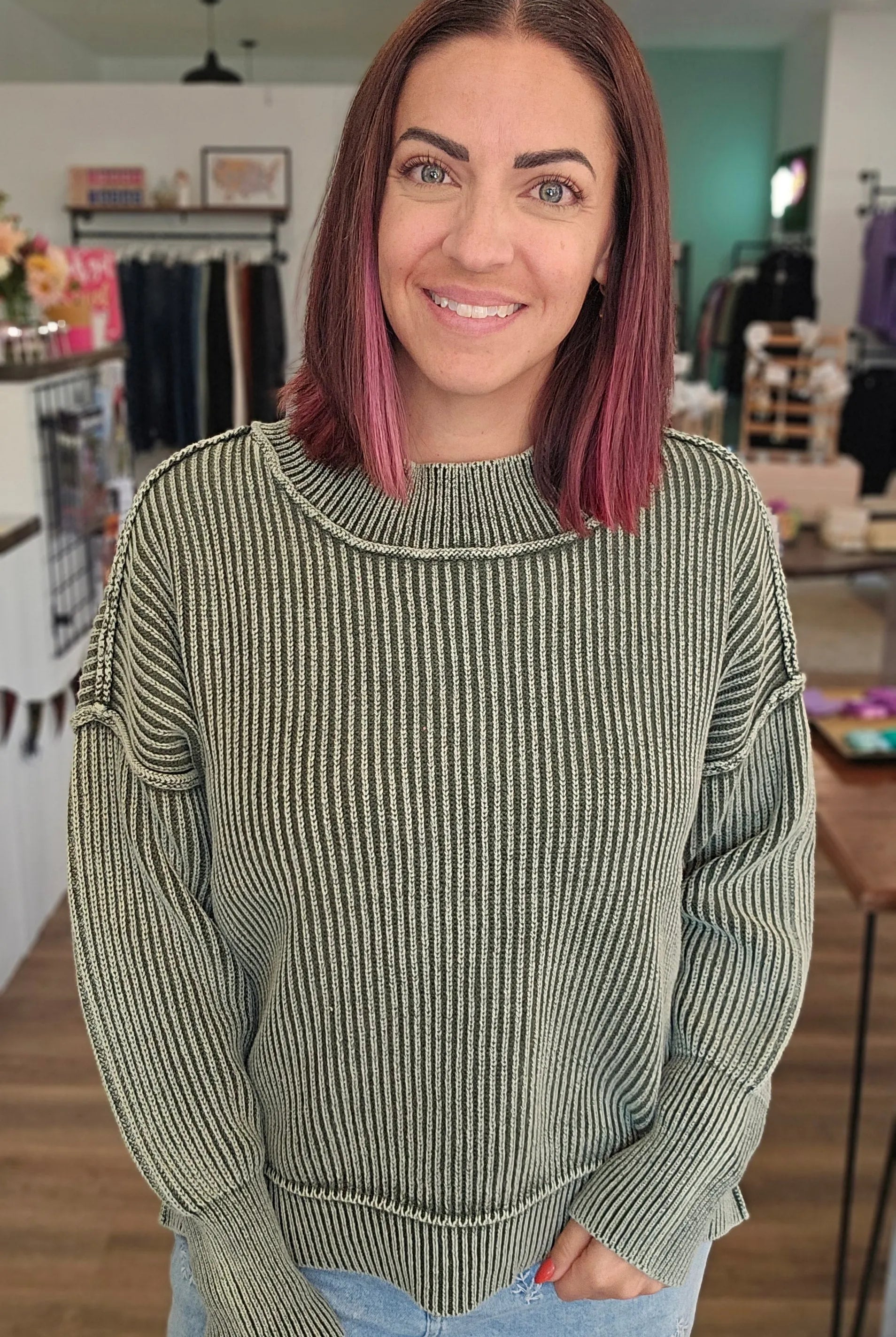 Shop Oversized Washed Sweater - Dark Olive- at Ruby Joy Boutique, a Women's Clothing Store in Pickerington, Ohio