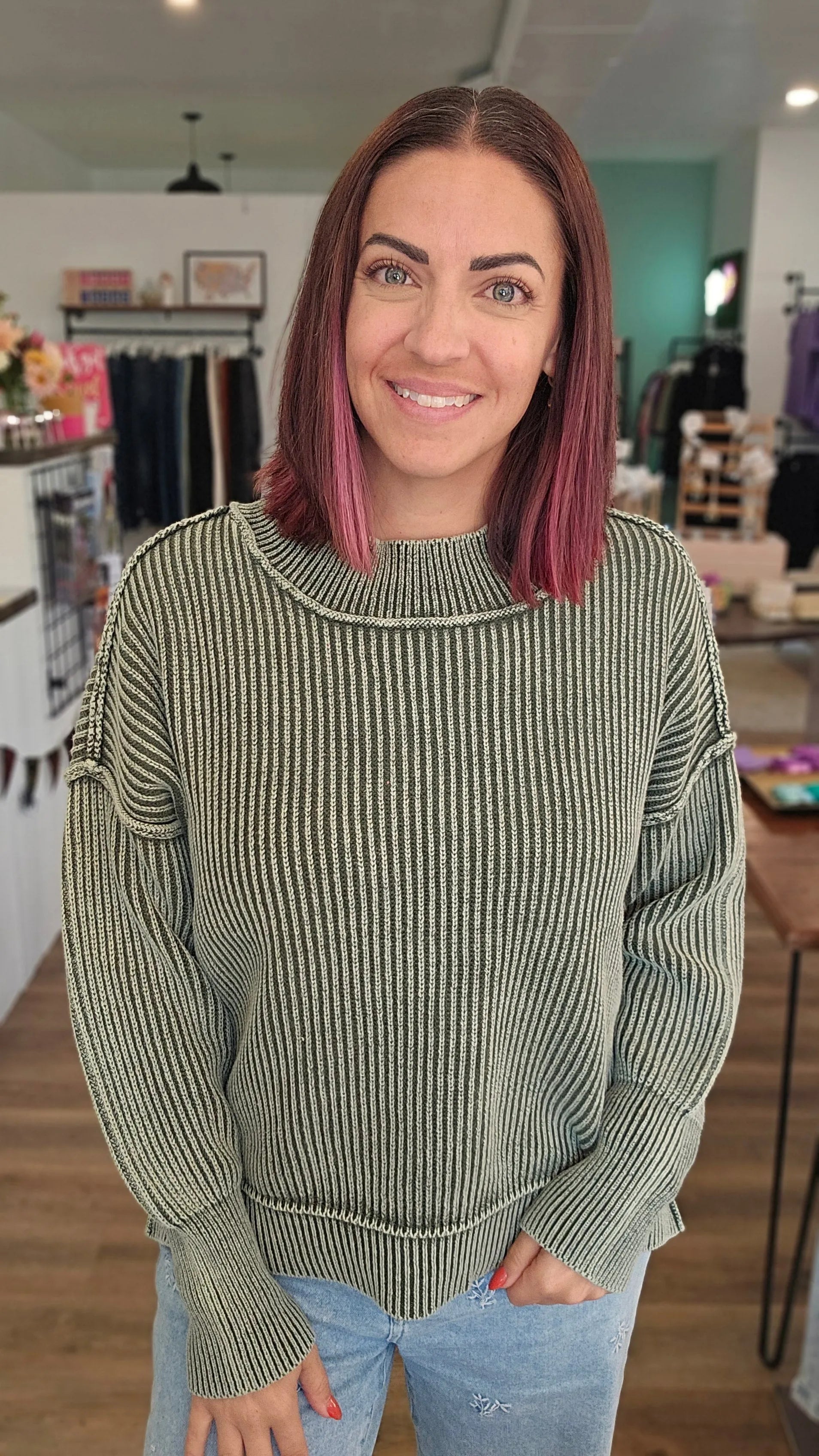 Shop Oversized Washed Sweater - Dark Olive- at Ruby Joy Boutique, a Women's Clothing Store in Pickerington, Ohio