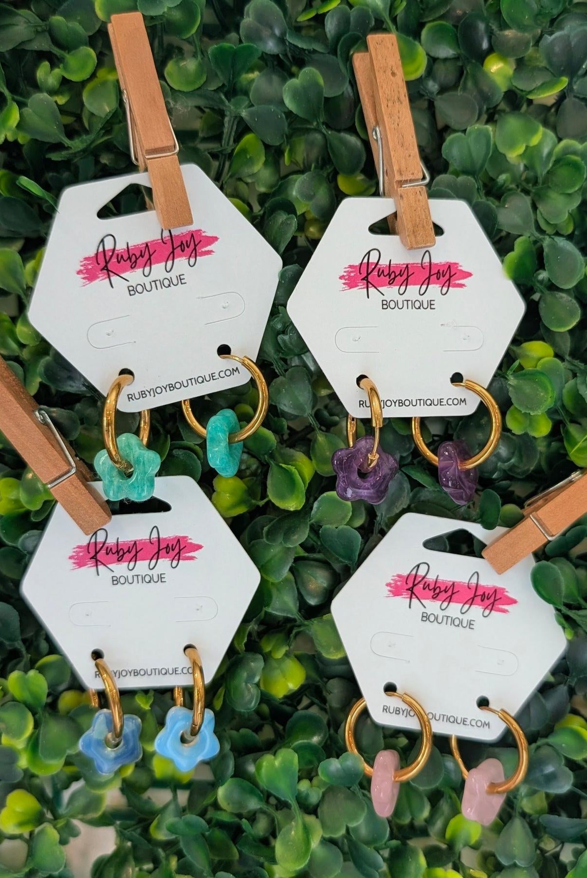 Shop Glass Flower Hoop Earrings- at Ruby Joy Boutique, a Women's Clothing Store in Pickerington, Ohio
