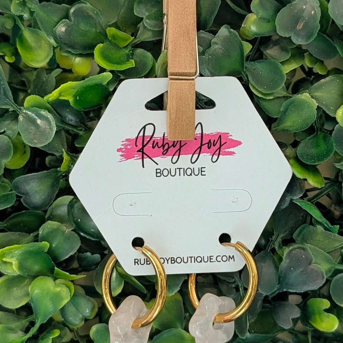 Shop Glass Flower Hoop Earrings-Rose Quartz at Ruby Joy Boutique, a Women's Clothing Store in Pickerington, Ohio
