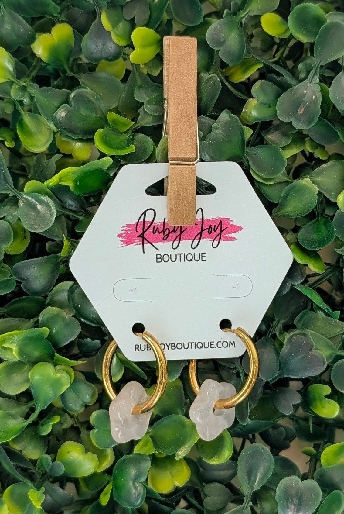 Shop Glass Flower Hoop Earrings-Rose Quartz at Ruby Joy Boutique, a Women's Clothing Store in Pickerington, Ohio