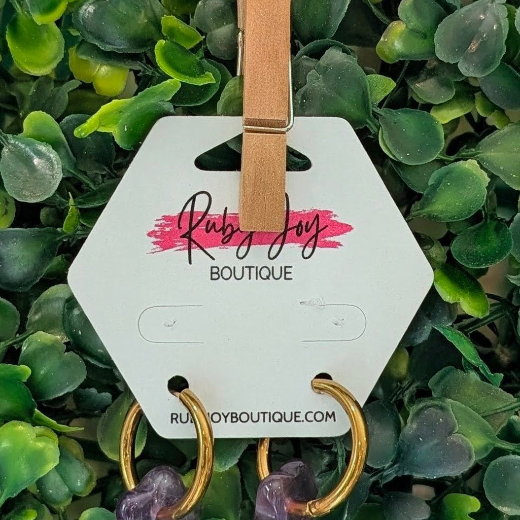 Shop Glass Flower Hoop Earrings-Amethyst at Ruby Joy Boutique, a Women's Clothing Store in Pickerington, Ohio