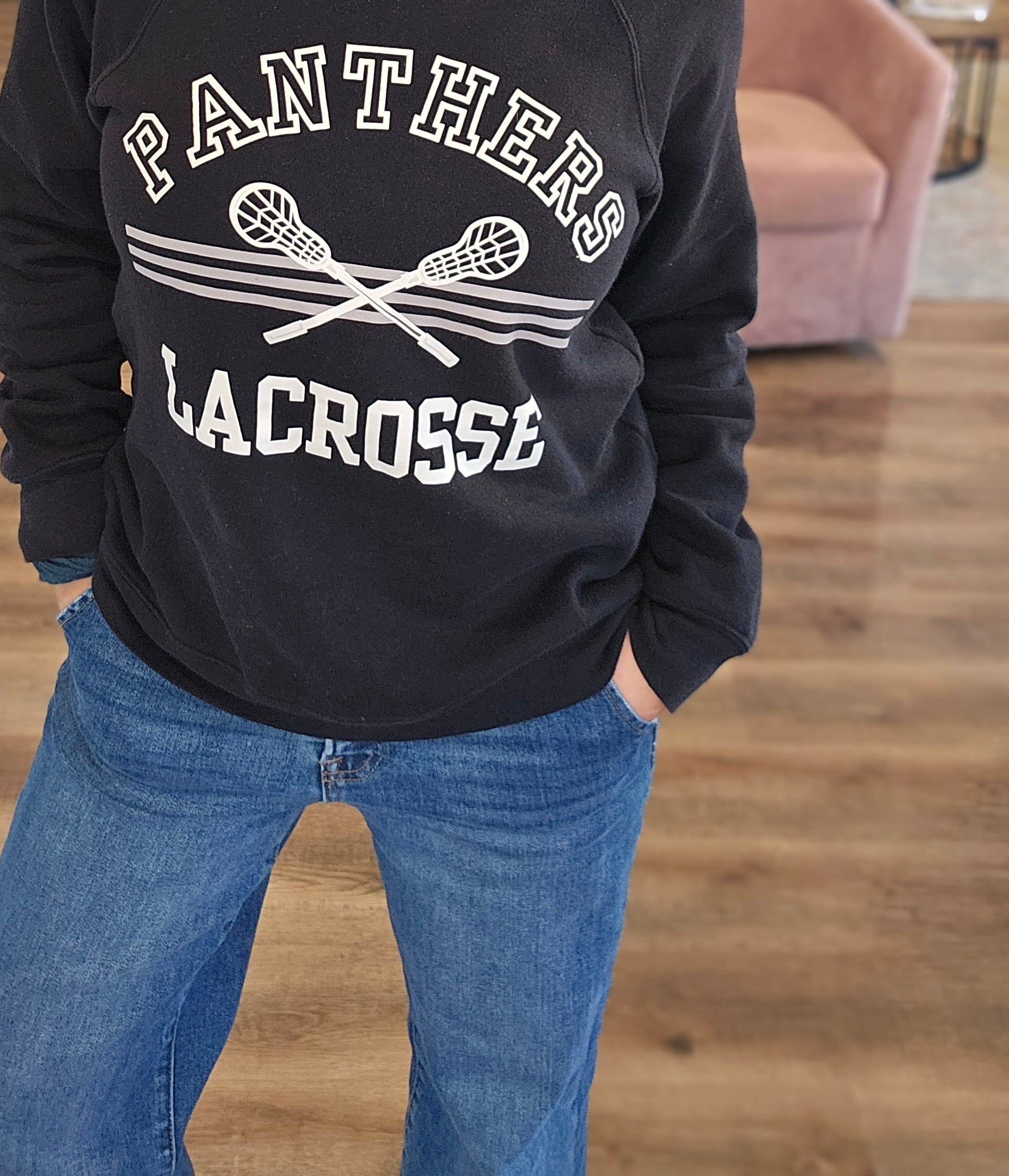 Shop Panthers Lacrosse Arch Graphic Top-Sweatshirt at Ruby Joy Boutique, a Women's Clothing Store in Pickerington, Ohio