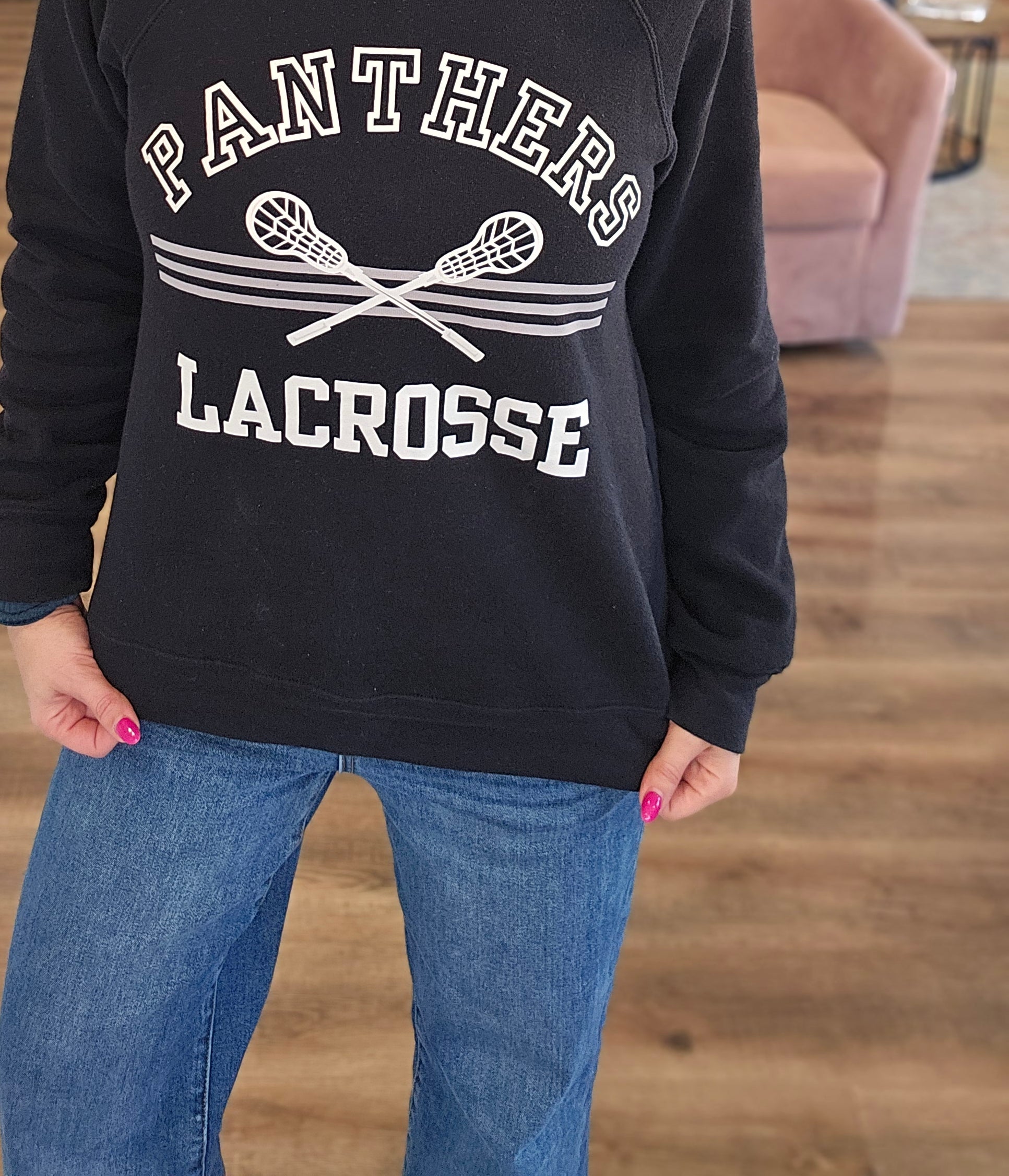 Shop Panthers Lacrosse Arch Graphic Top- at Ruby Joy Boutique, a Women's Clothing Store in Pickerington, Ohio