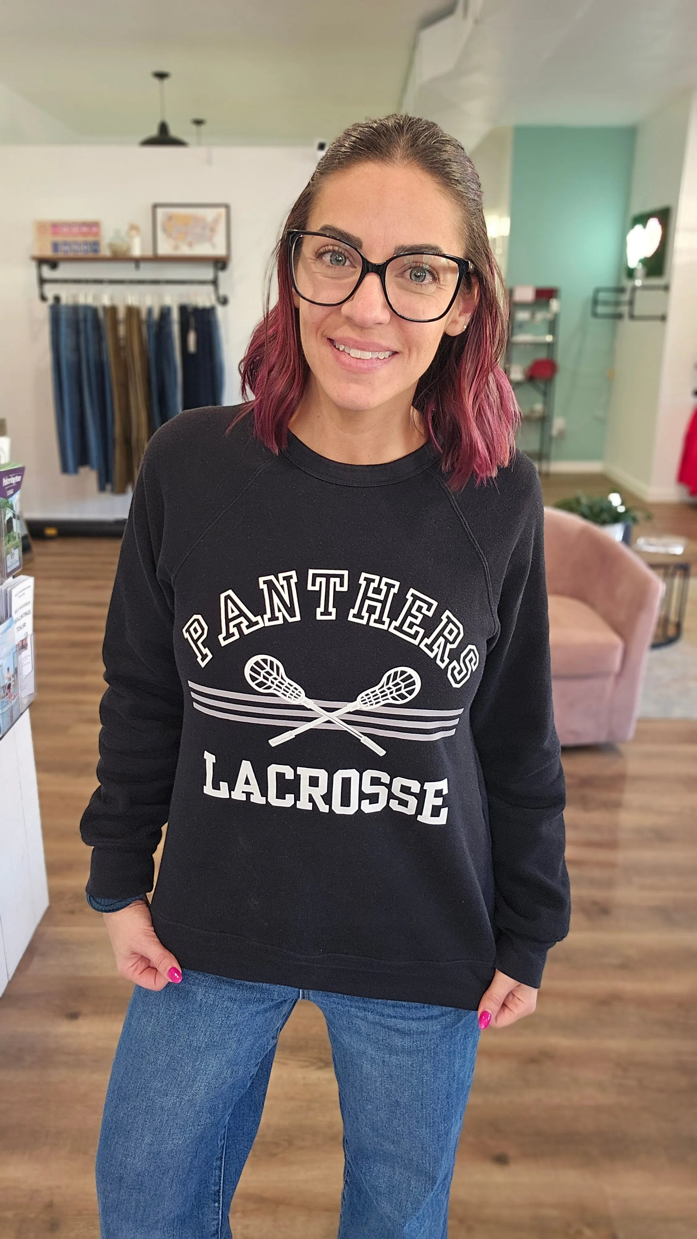 Shop Panthers Lacrosse Arch Graphic Top- at Ruby Joy Boutique, a Women's Clothing Store in Pickerington, Ohio