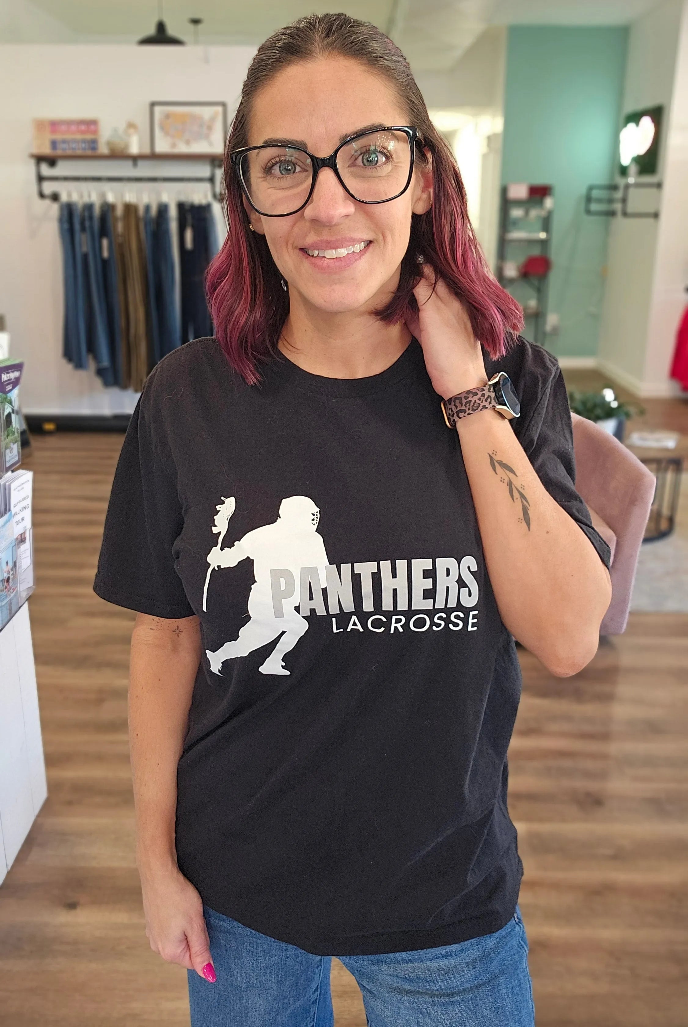 Shop Panthers Lacrosse Player Graphic- at Ruby Joy Boutique, a Women's Clothing Store in Pickerington, Ohio