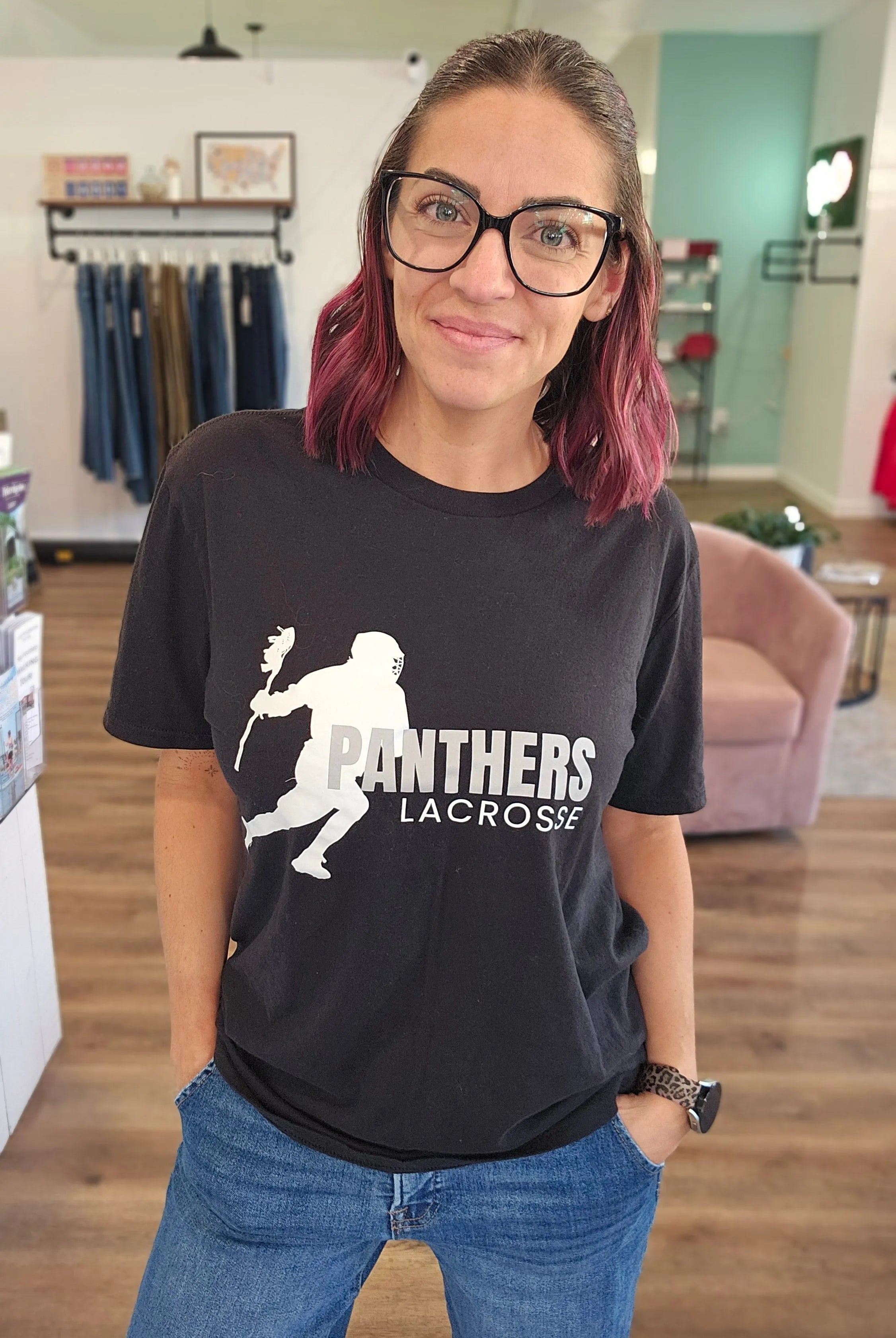 Shop Panthers Lacrosse Player Graphic- at Ruby Joy Boutique, a Women's Clothing Store in Pickerington, Ohio