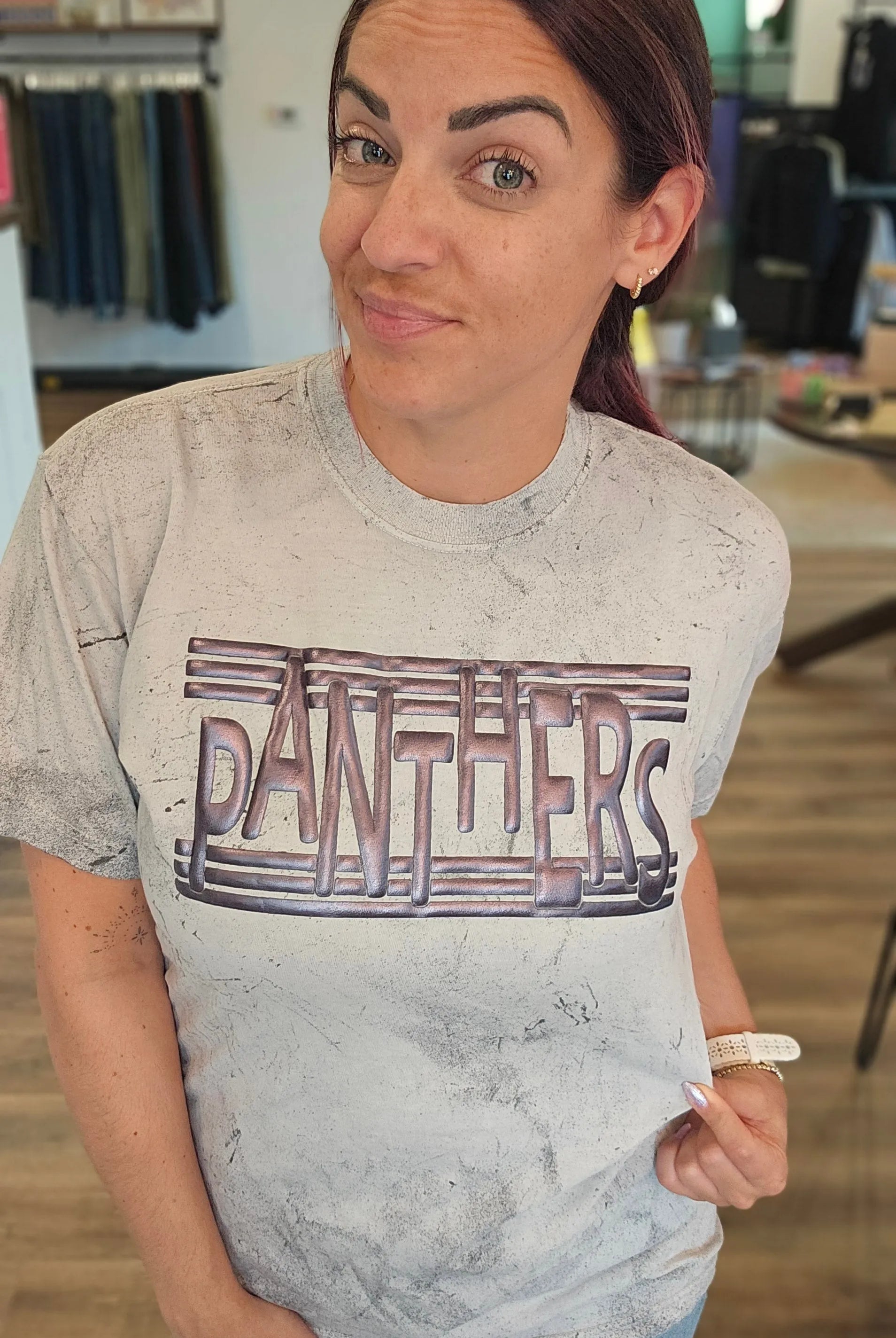 Shop Panthers Metallic Puff Graphic Tee- at Ruby Joy Boutique, a Women's Clothing Store in Pickerington, Ohio