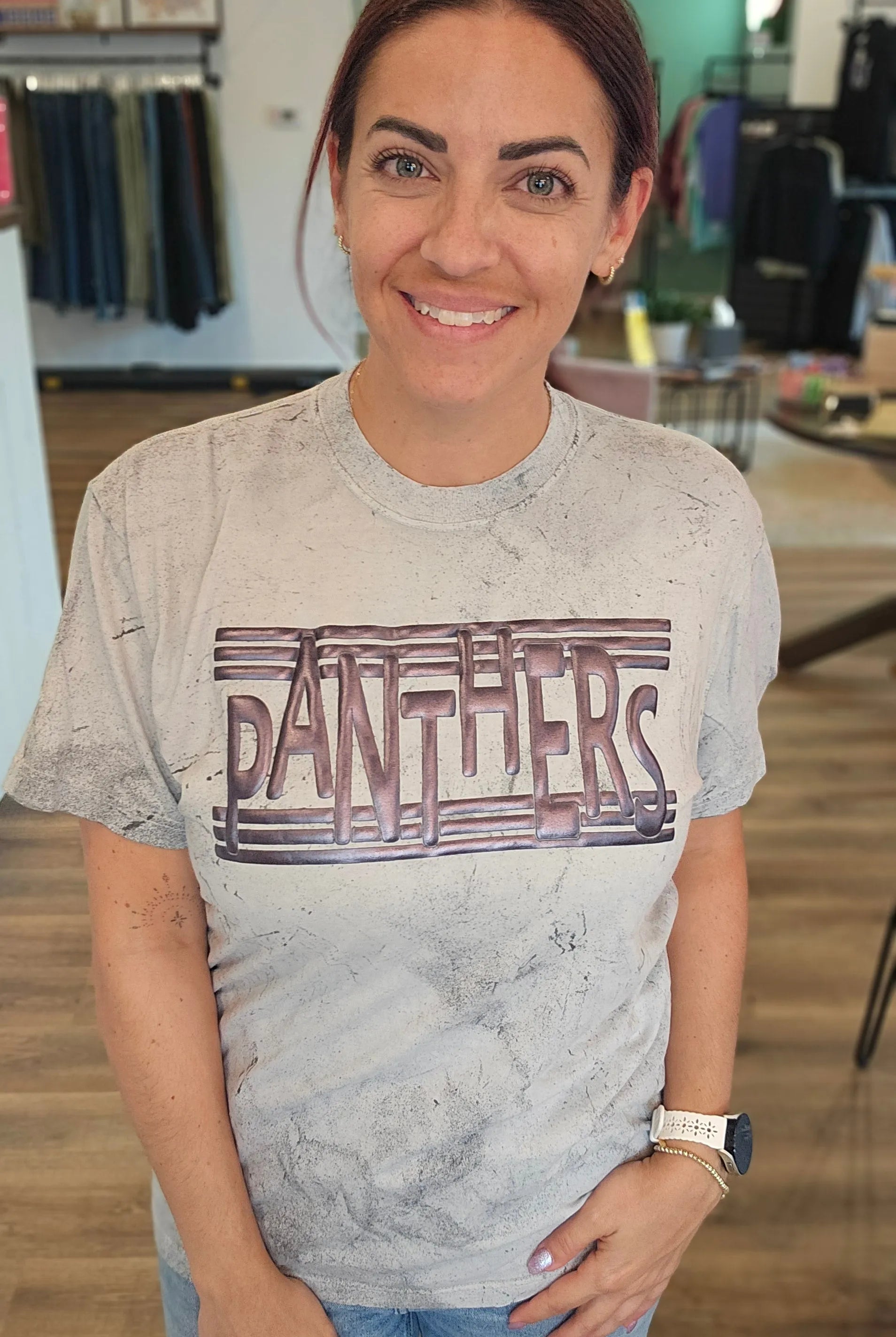 Shop Panthers Metallic Puff Graphic Tee- at Ruby Joy Boutique, a Women's Clothing Store in Pickerington, Ohio