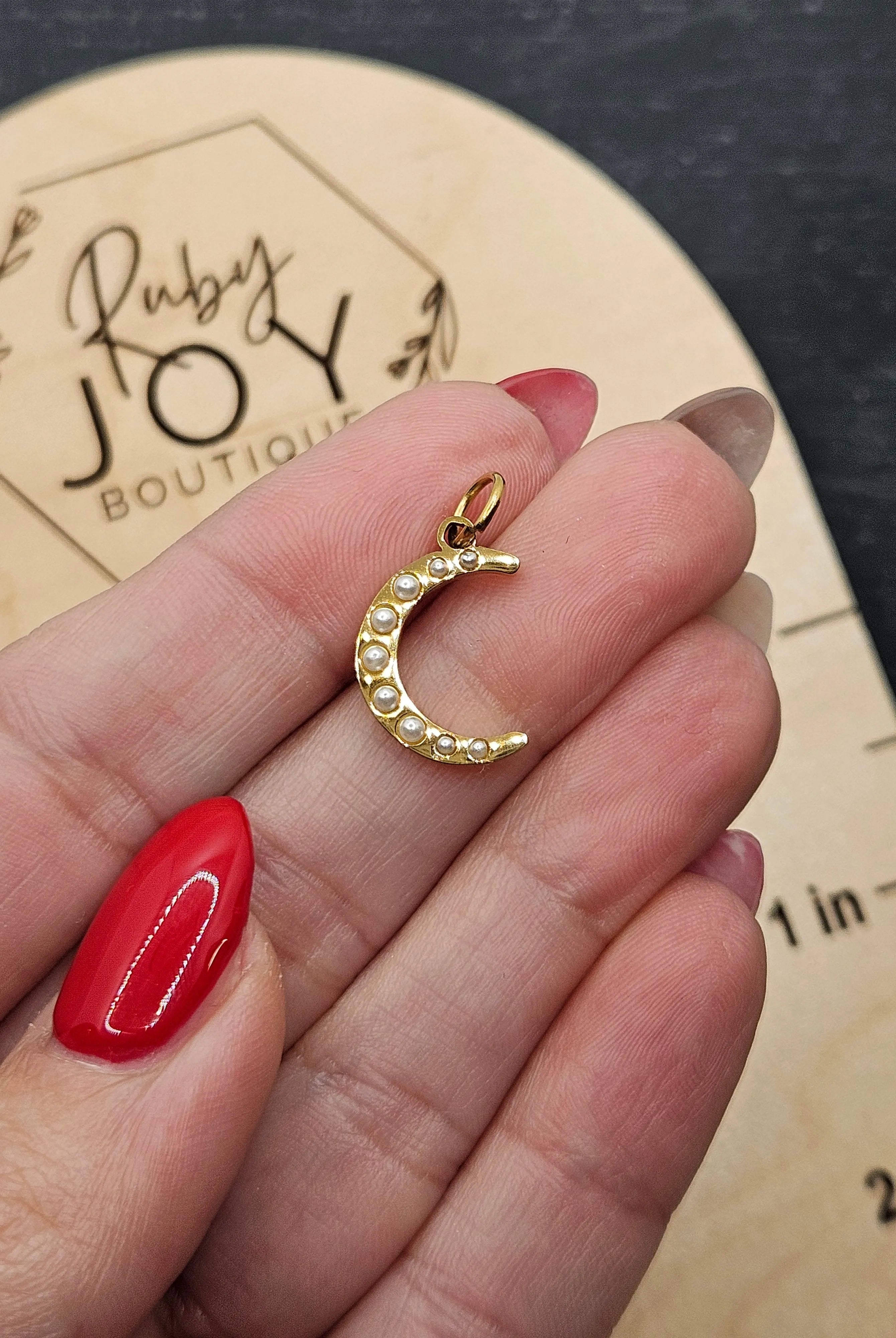 Shop Pearl Moon Charm- at Ruby Joy Boutique, a Women's Clothing Store in Pickerington, Ohio
