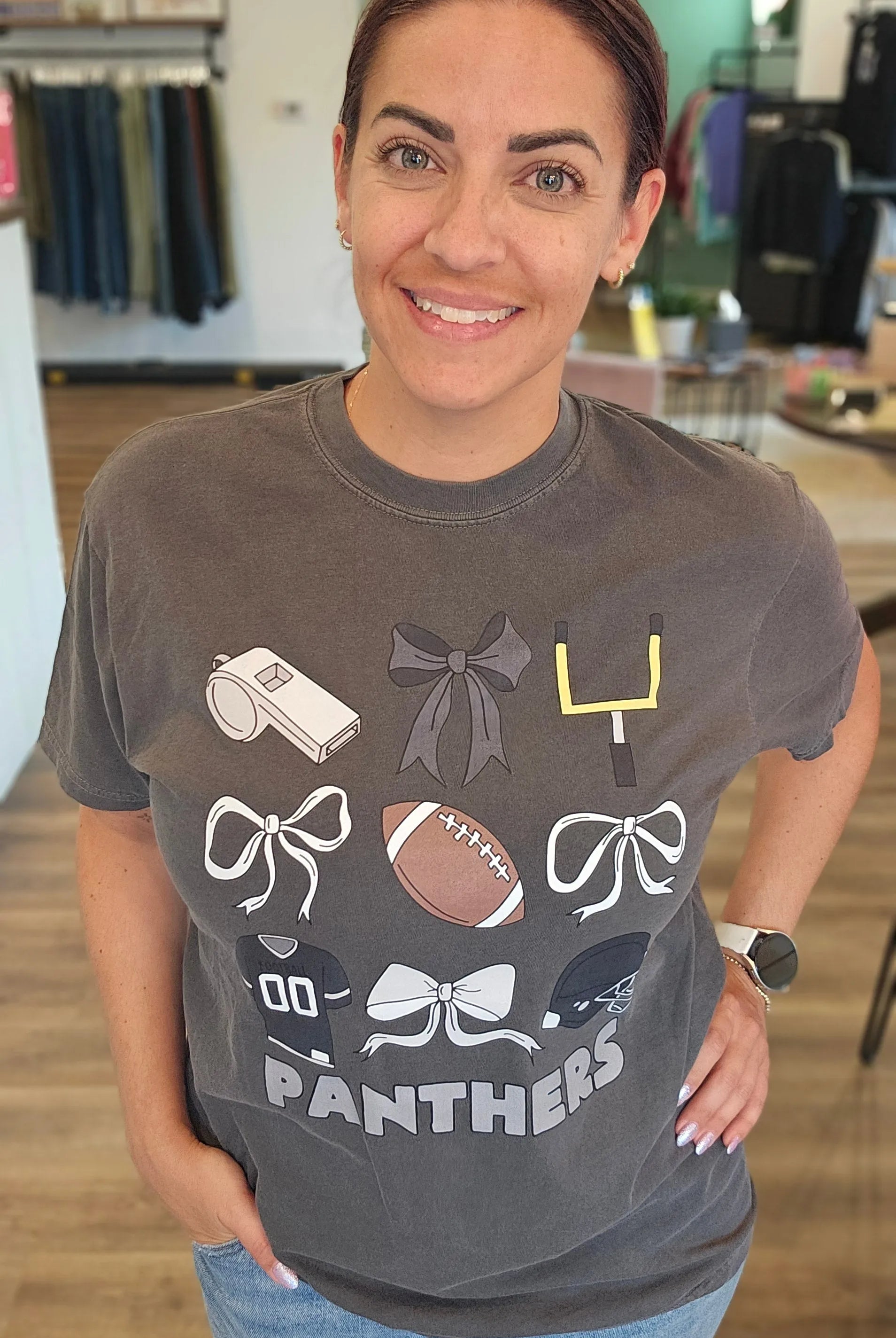 Shop Pickerington Football Bow Collage Stack Graphic Tee-Panthers at Ruby Joy Boutique, a Women's Clothing Store in Pickerington, Ohio