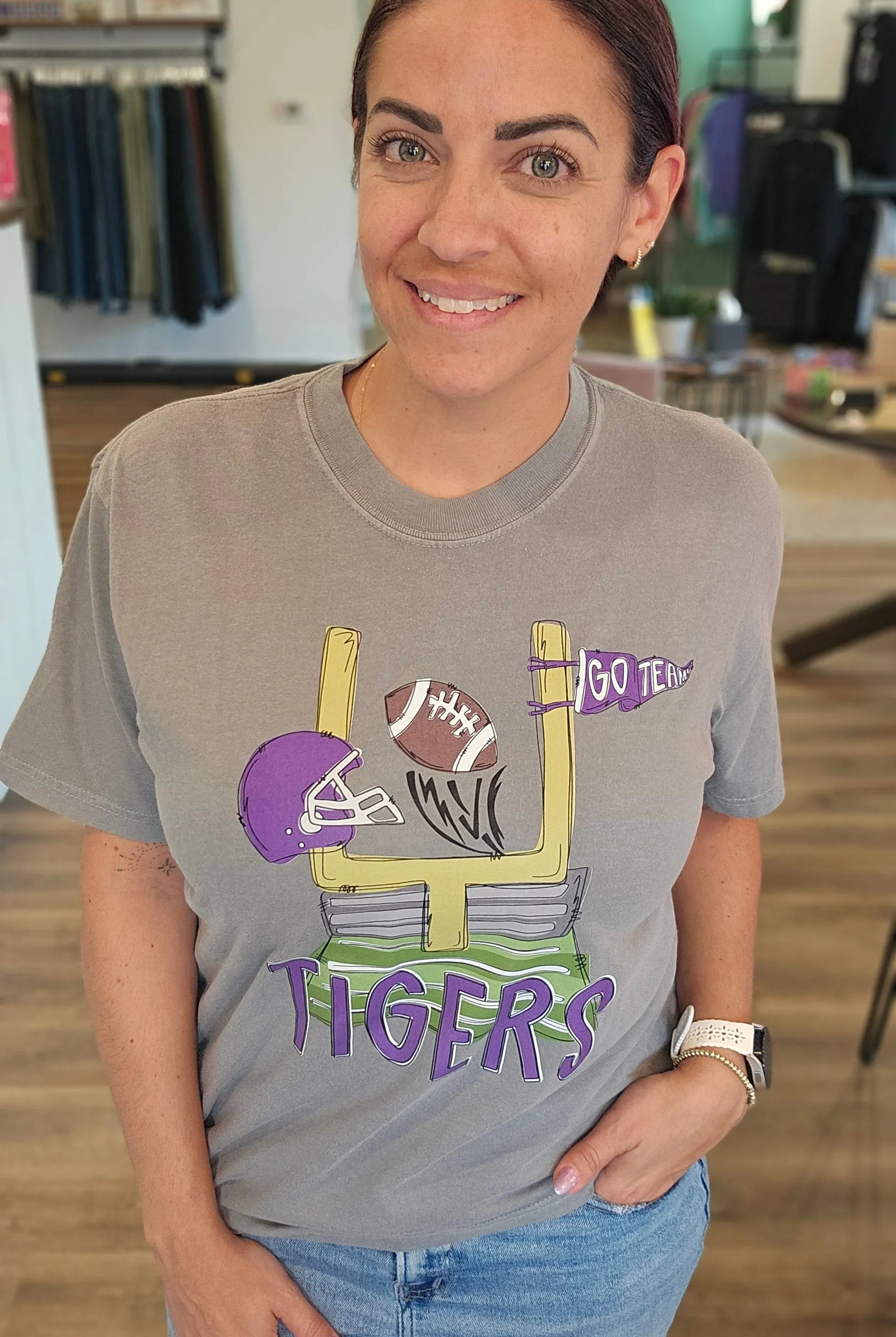 Shop Pickerington Mascot Field Goal Graphic Tee-Tigers at Ruby Joy Boutique, a Women's Clothing Store in Pickerington, Ohio